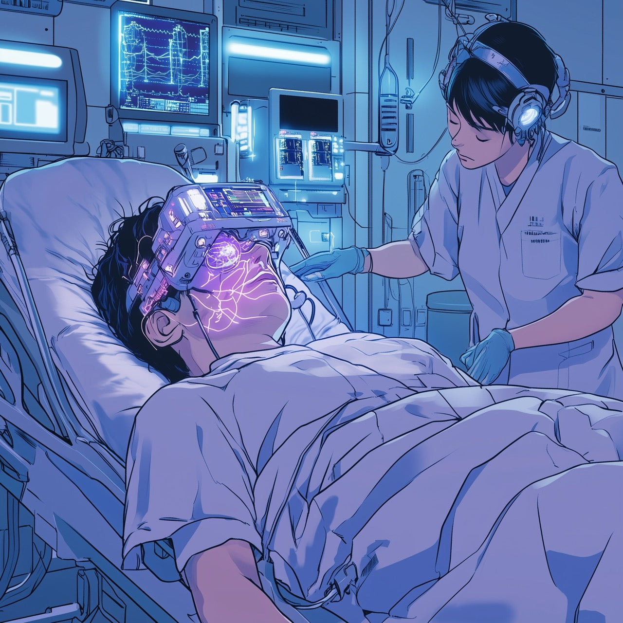 eine Person, die in einem Krankenhausbett liegt und Kopfhörer trägt