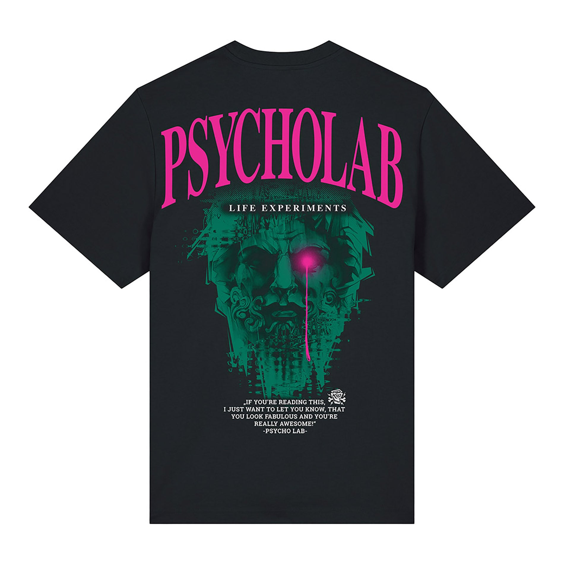 T-Shirt "Knowledge" von PsychoLab in schwarz mit Rückendruck. Das Design kombiniert leuchtende neonfarbene Akzente auf einem stylischen Hintergrund. Perfekt für urbane Mode und nachhaltigen Lifestyle.