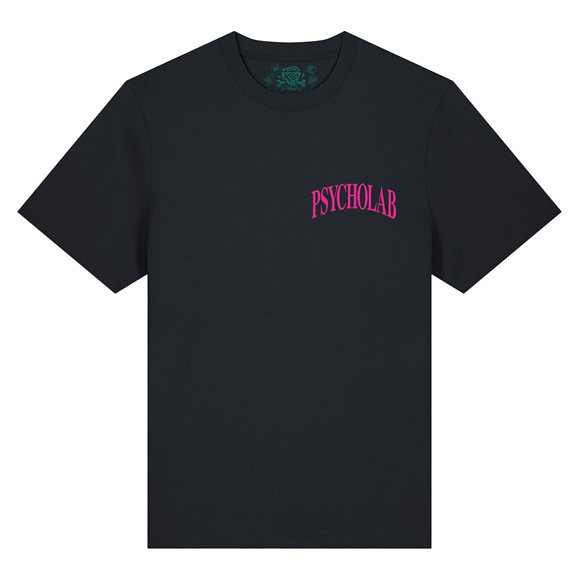 Frontansicht des T-Shirts "Knowledge" von PsychoLab, schlicht in Schwarz mit einem kleinen Pinkdruck des Schriftzugs "PSYCHOLAB". Die organische Baumwolle sorgt für hohen Tragekomfort und Nachhaltigkeit.