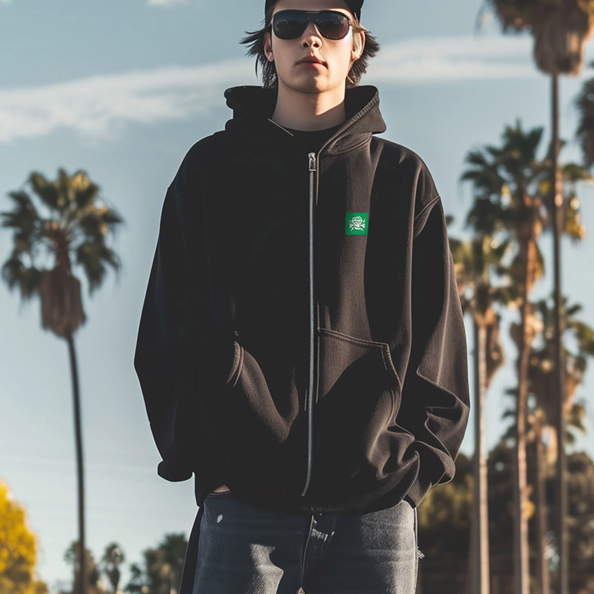 Junger Mann trägt den Zip Hoodie Racetrack von PsychoLab, während er in der Sonne steht, umgeben von Palmen und urbaner Kulisse.