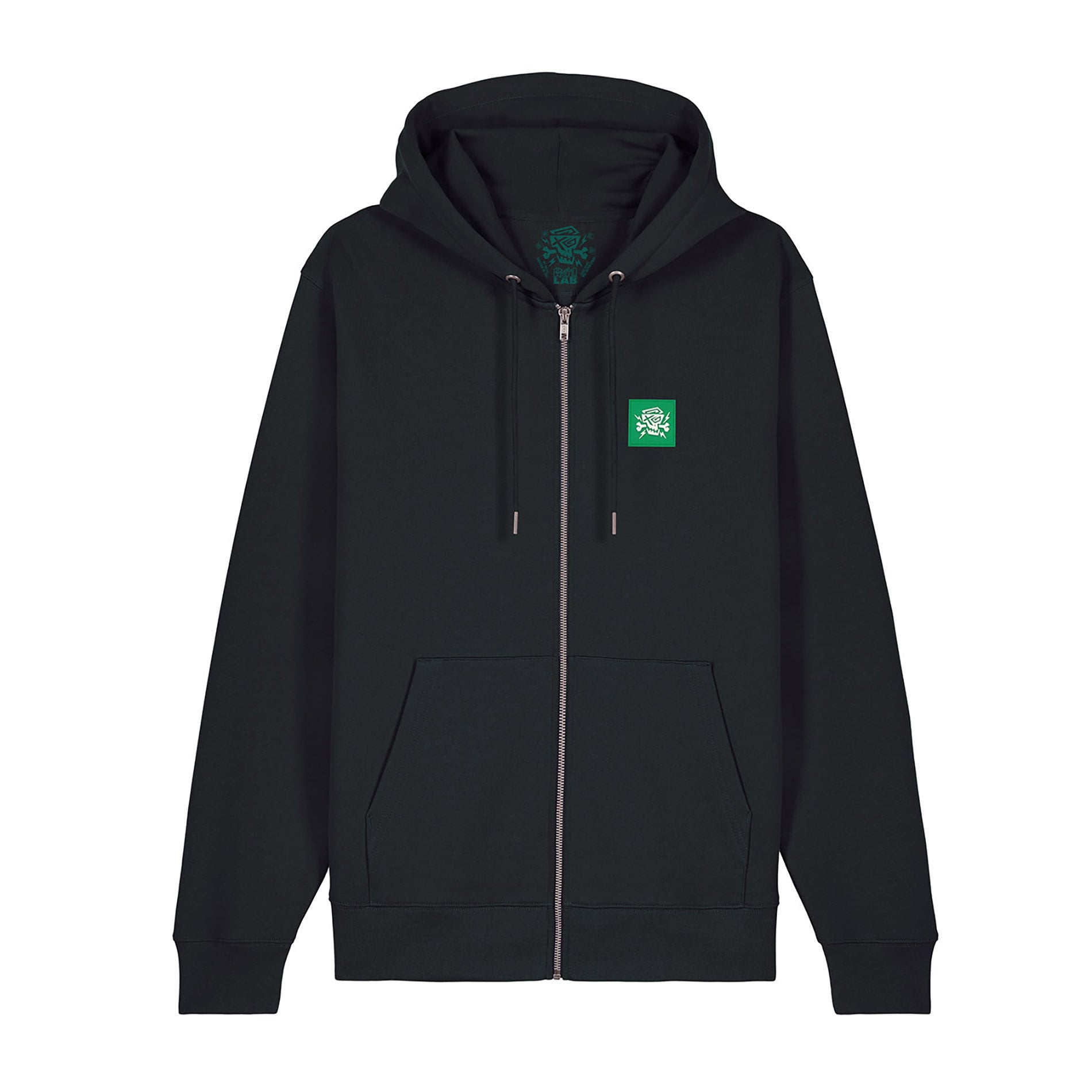 Vorderansicht des Zip Hoodies Racetrack von PsychoLab mit grünem PsychoLab-Logo und Reißverschluss, perfekt für den lässigen Alltag.