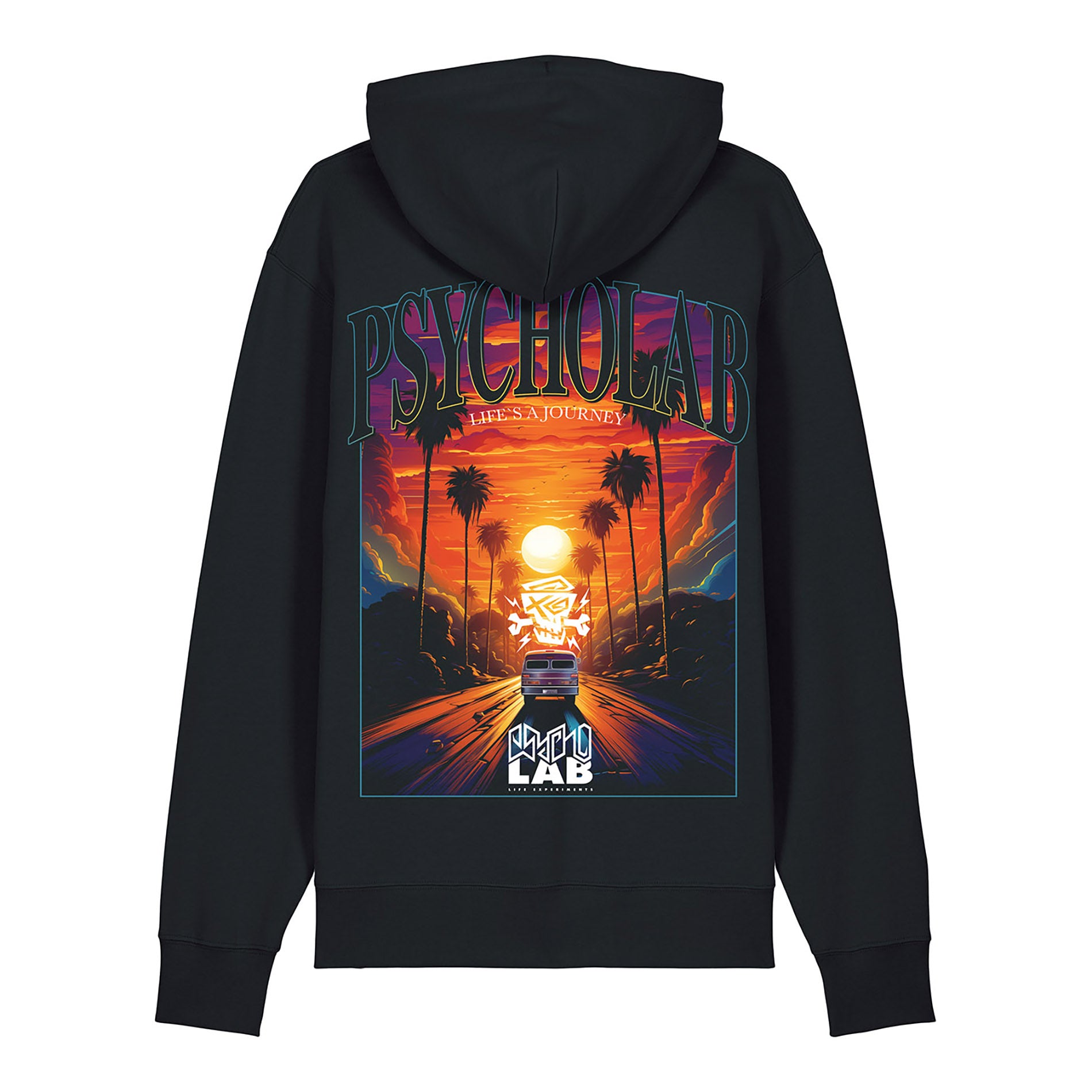 Schwarzer Zip Hoodie mit buntem Sonnenuntergang und Auto-Design, großem PsychoLab-Text