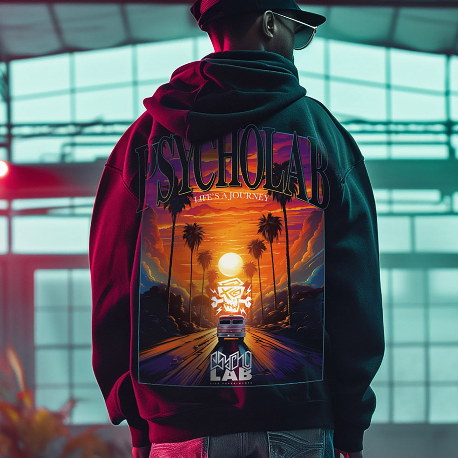 PsychoLab Zip Hoodie mit auffälligem Sonnenuntergang-Design und großem PsychoLab-Schriftzug, getragen von einem Model