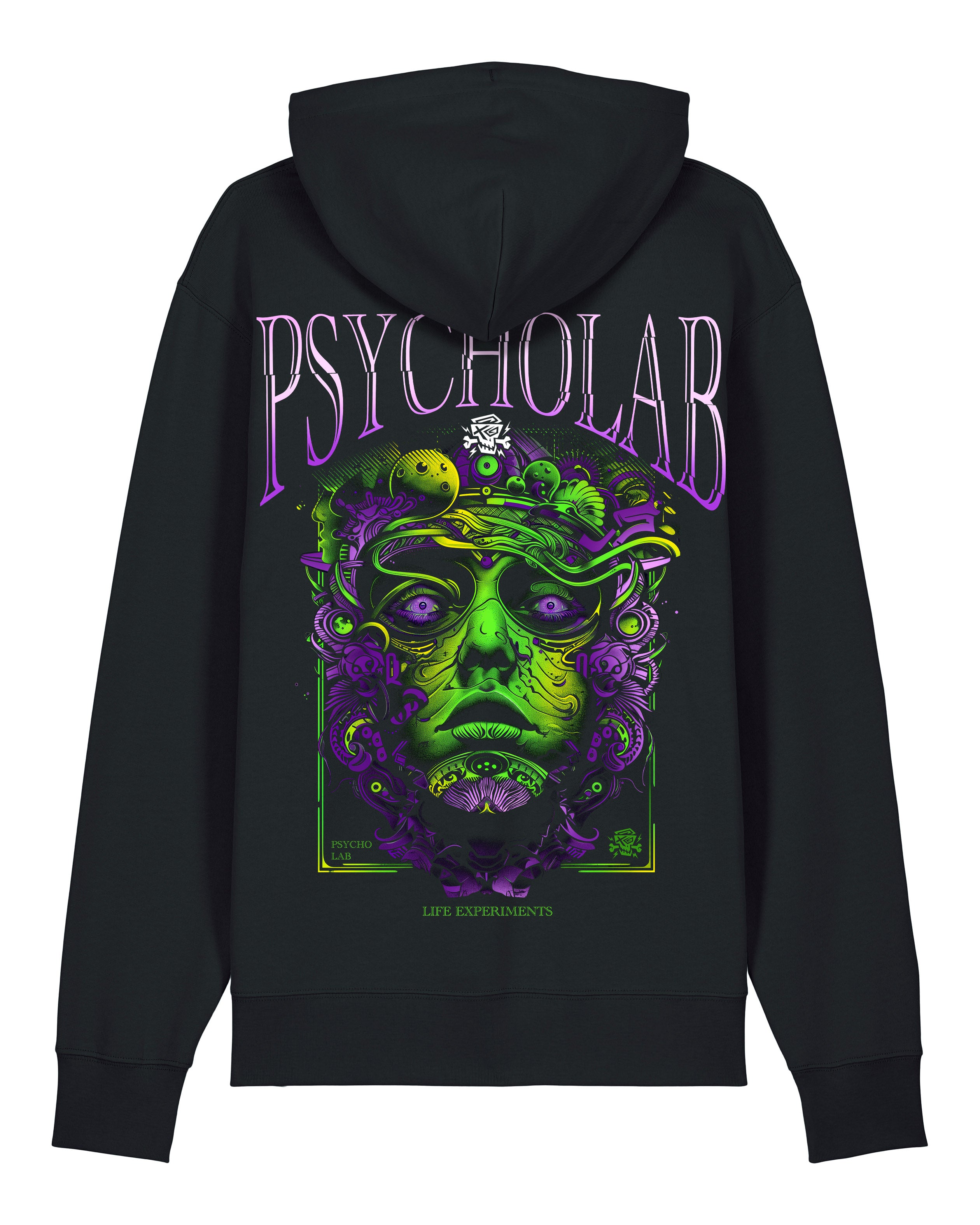 Der Absynth Hoodie Black von PsychoLab zeigt ein einzigartiges lila grünes Grafikdesign auf der Rückseite, kombiniert urbanen Stil mit kreativen Elementen.