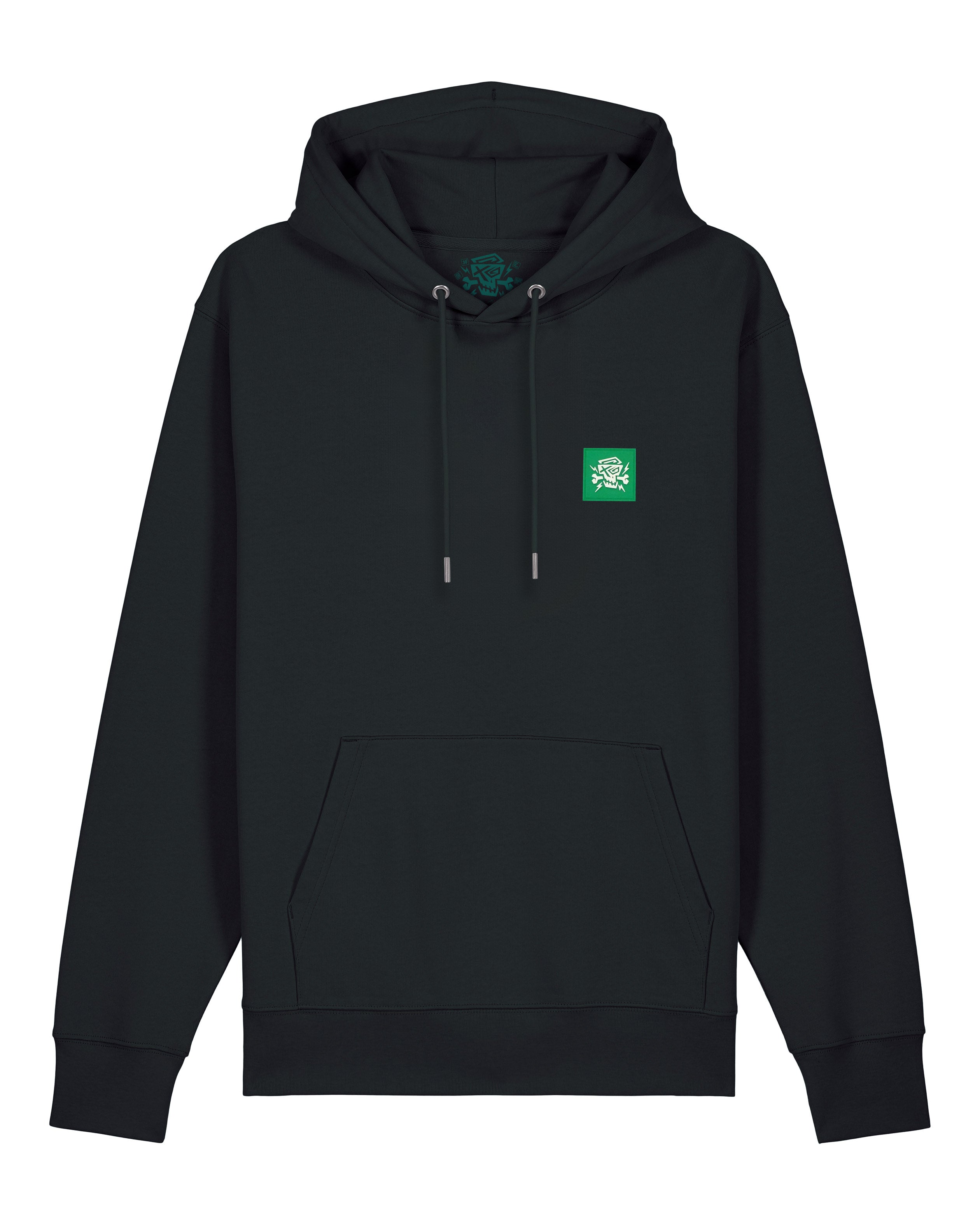Der Absynth Hoodie Black von PsychoLab mit einem auffälligen grünen Patch auf der Brust, ideal für stylishe Streetwear-Looks.