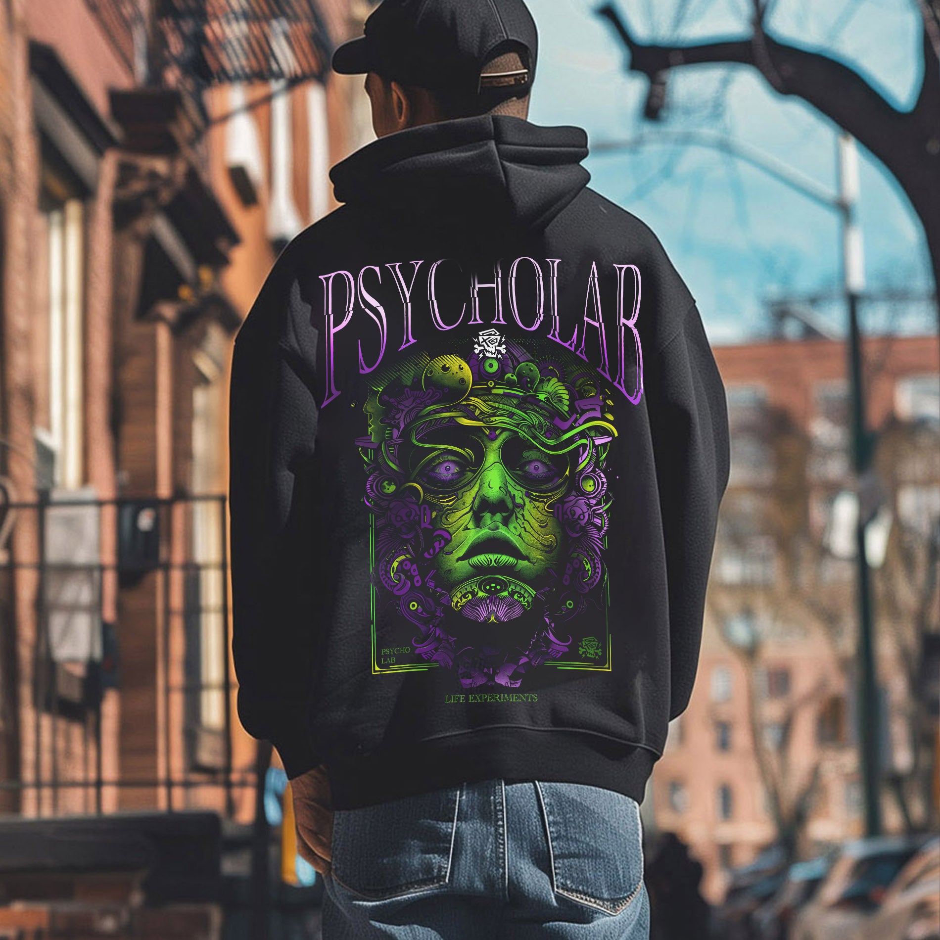 Junger Mann trägt den Absynth Hoodie Black von PsychoLab mit auffälligem lila grünem Grafikdesign auf der Rückseite. Der Hoodie kombiniert urbanen Style mit kreativer Kunst und passt perfekt zu lässigen Streetwear-Looks.