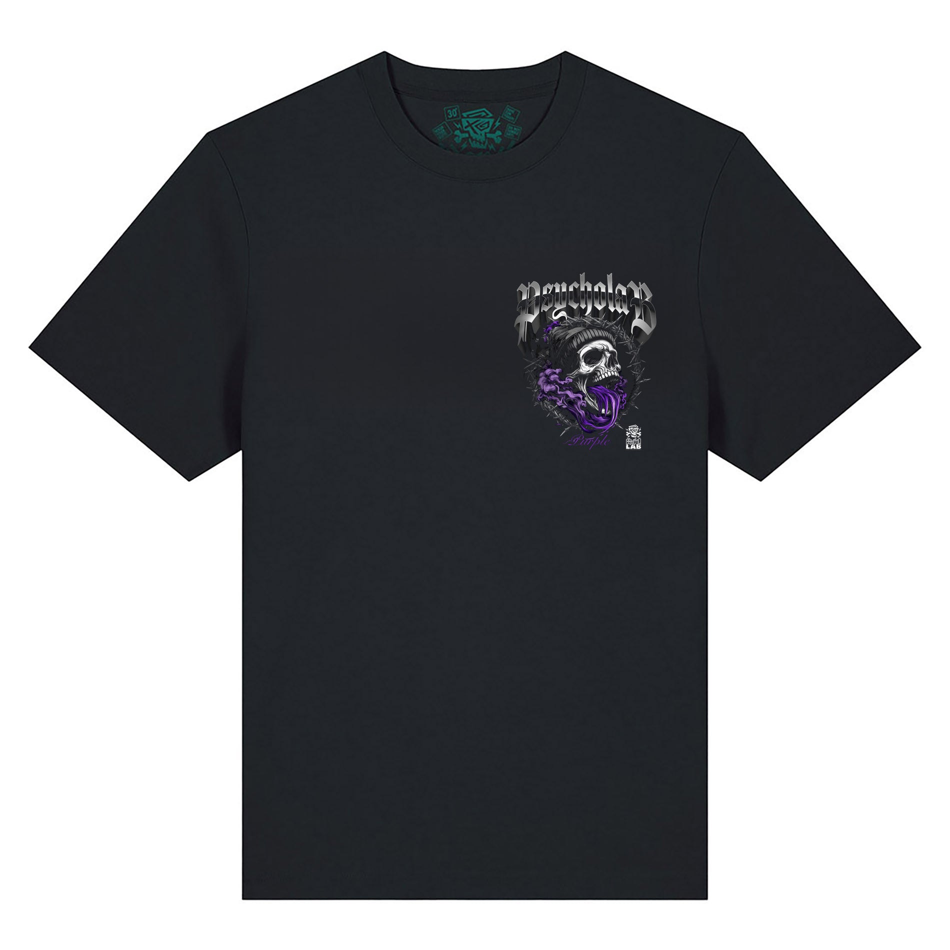 Vorderansicht des Purple T-Shirts in Schwarz von PsychoLab mit stylischem Logo und lila Akzenten, geeignet für verschiedene Anlässe.
