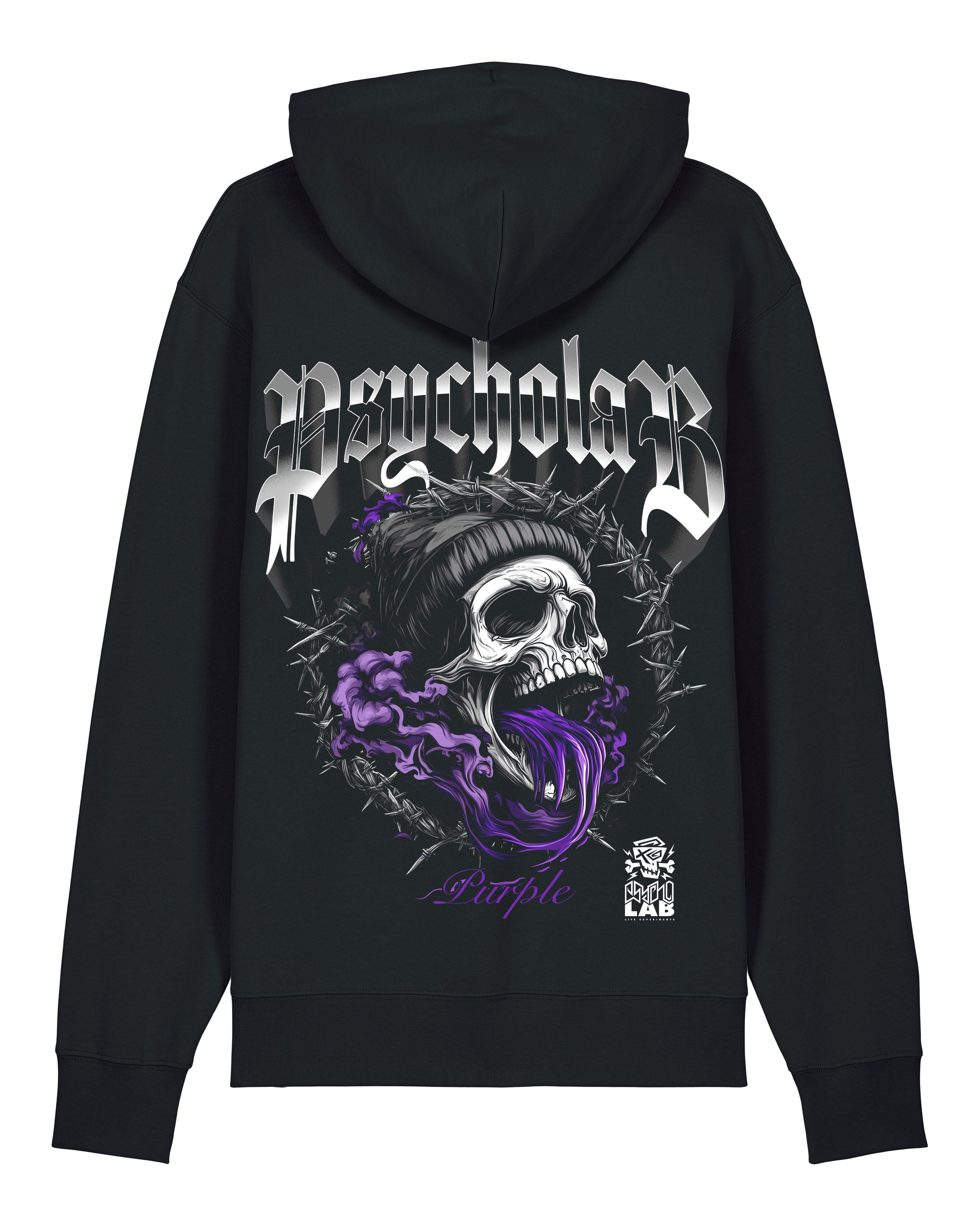 Nahaufnahme des lila PsychoLab Hoodies mit einzigartigem Totenkopf-Chrome Grafik-Design und lila Rauch, perfekt für kreative Mode-Liebhaber.