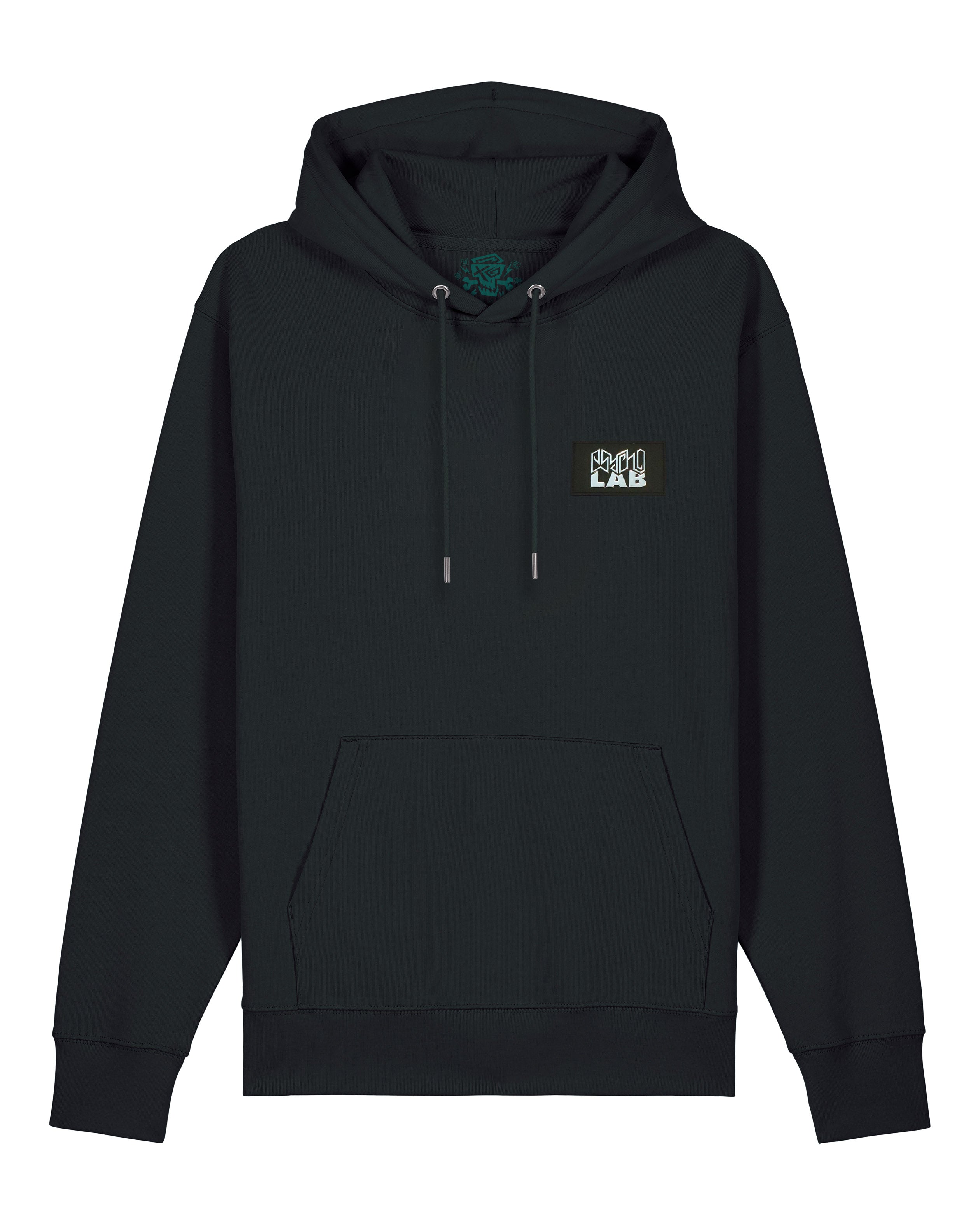 Schwarzes Purple Hoodie von PsychoLab mit einem stylischen Patch auf der Brust und einem auffälligen lila chrom Totenkopf-Design auf der Rückseite. Ideal für jeden, der edgy Streetwear liebt. psycholab