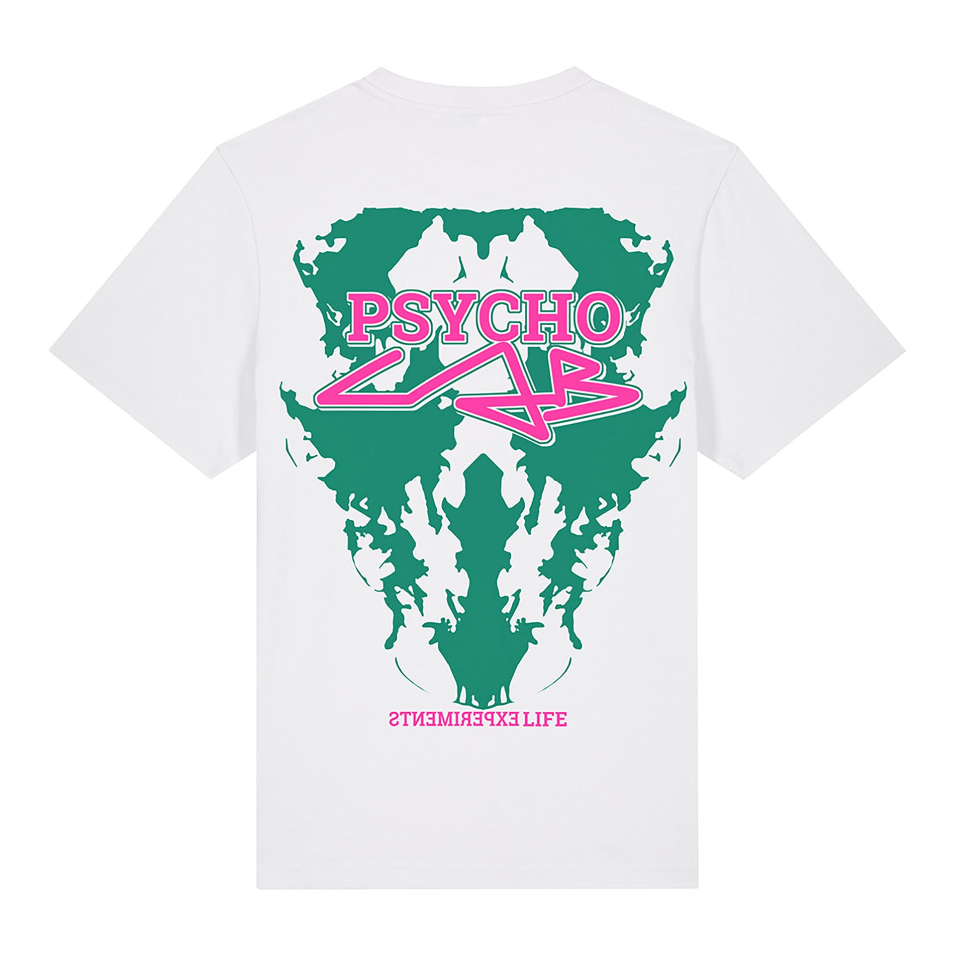 T-Shirt Emotion von PsychoLab mit auffälligem Rückenmotiv in sattem Grün und Pink, perfektes Streetwear-Design für Komfort und Stil.