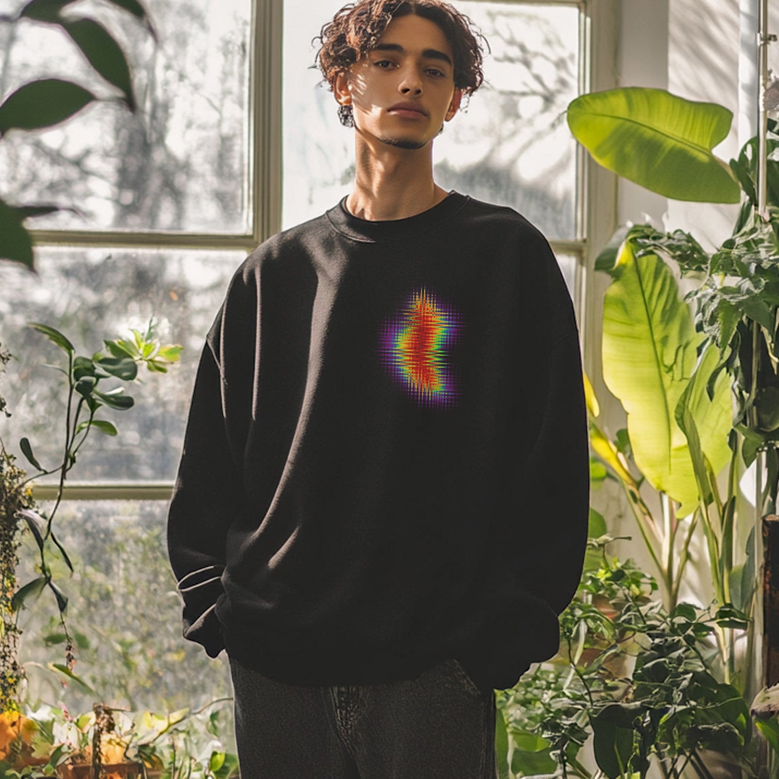 Ein Model trägt das Sweatshirt Zone Black von PsychoLab in einem lichtdurchfluteten Raum mit Pflanzen, ideal für stilvolle Alltagsoutfits.