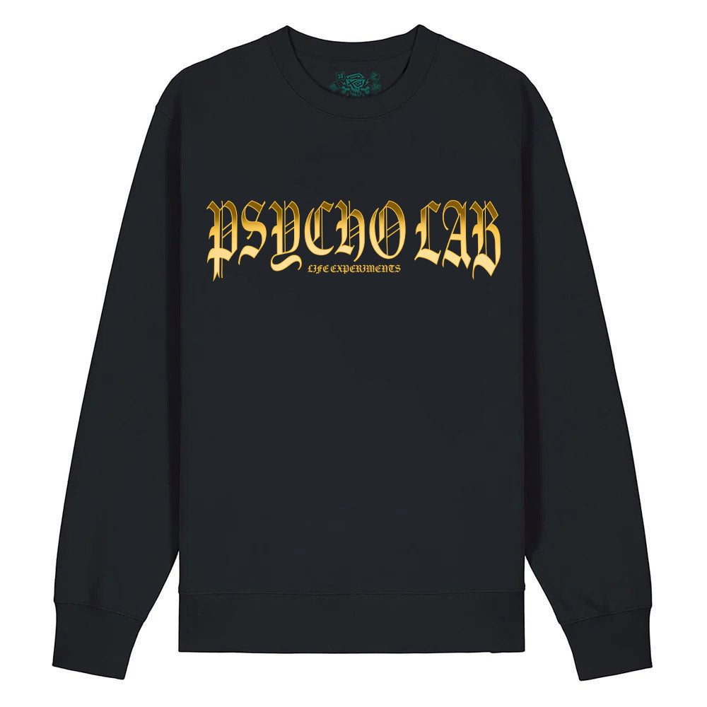 Das Sweatshirt Galaxy Black von PsychoLab in schlichter Eleganz, mit goldenem Logo-Design auf der Vorderseite.