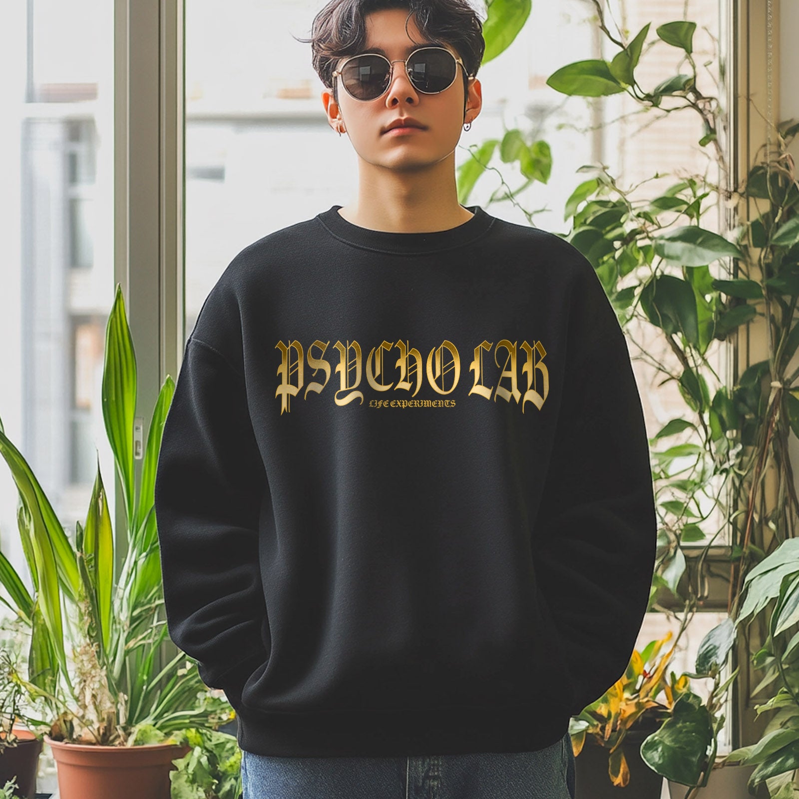 Ein junger Mann trägt das Sweatshirt Galaxy Black von PsychoLab, umgeben von Pflanzen, das für einen stylischen Look sorgt.