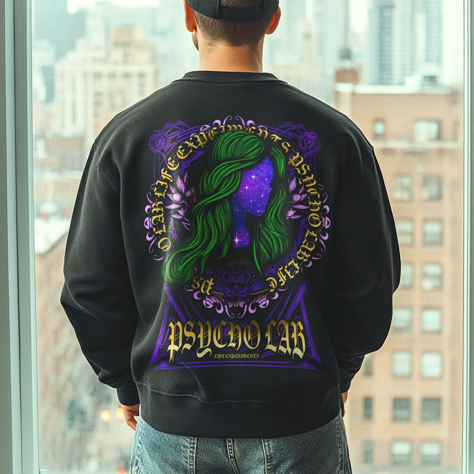 Das Sweatshirt Galaxy Black von PsychoLab, mit einem auffälligen Print auf der Rückseite, passt perfekt in einen urbanen Lifestyle.