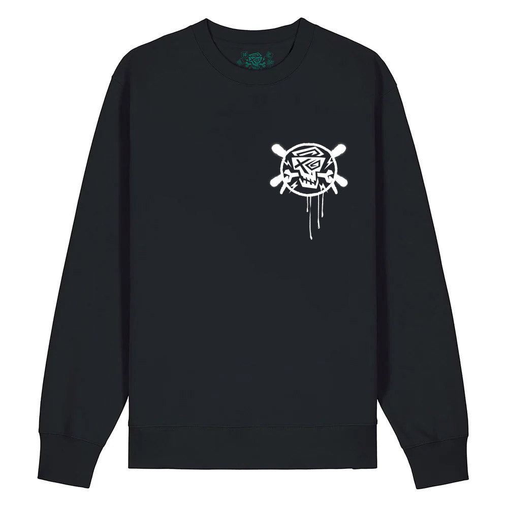 Nahaufnahme des Sweatshirts "Chrome Black" von PsychoLab, das sich durch das auffällige Logo und das klassische schwarze Design auszeichnet. Perfekt für modebewusste Individualisten.