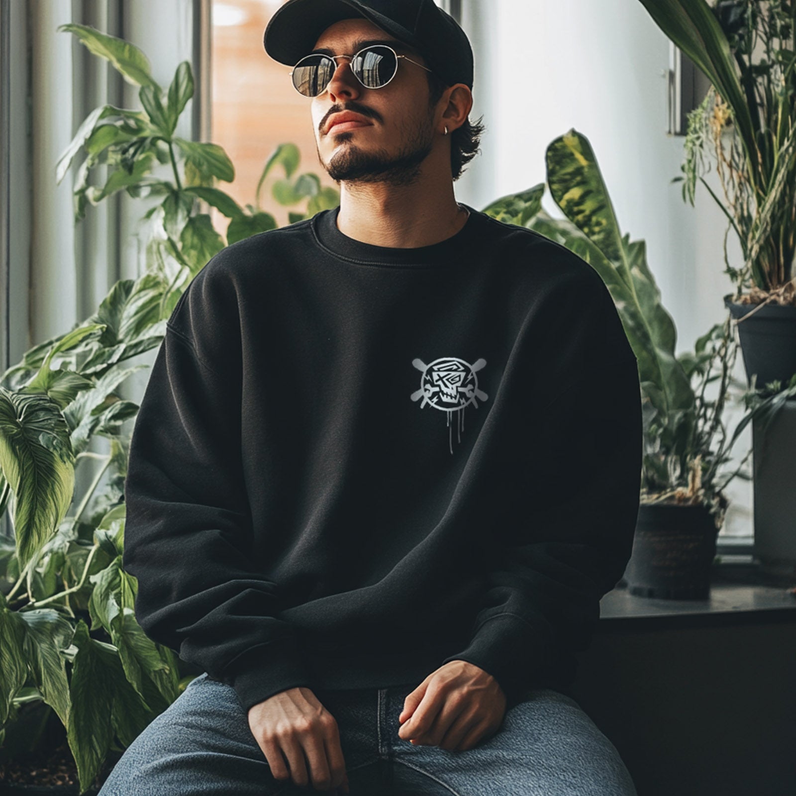 Stylischer Mann trägt das Sweatshirt "Chrome Black" von PsychoLab, während er in einem urbanen Raum mit Pflanzen poses. Das Design kombiniert Komfort und modernes Streetwear-Stil.