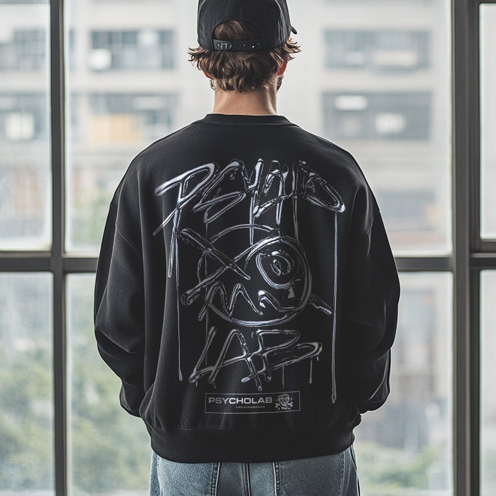 Ein junger Mann trägt das Sweatshirt "Chrome Black" von PsychoLab, das einen auffälligen urbanen Print auf der Rückseite hat, ideal für einen modernen Streetwear-Look.