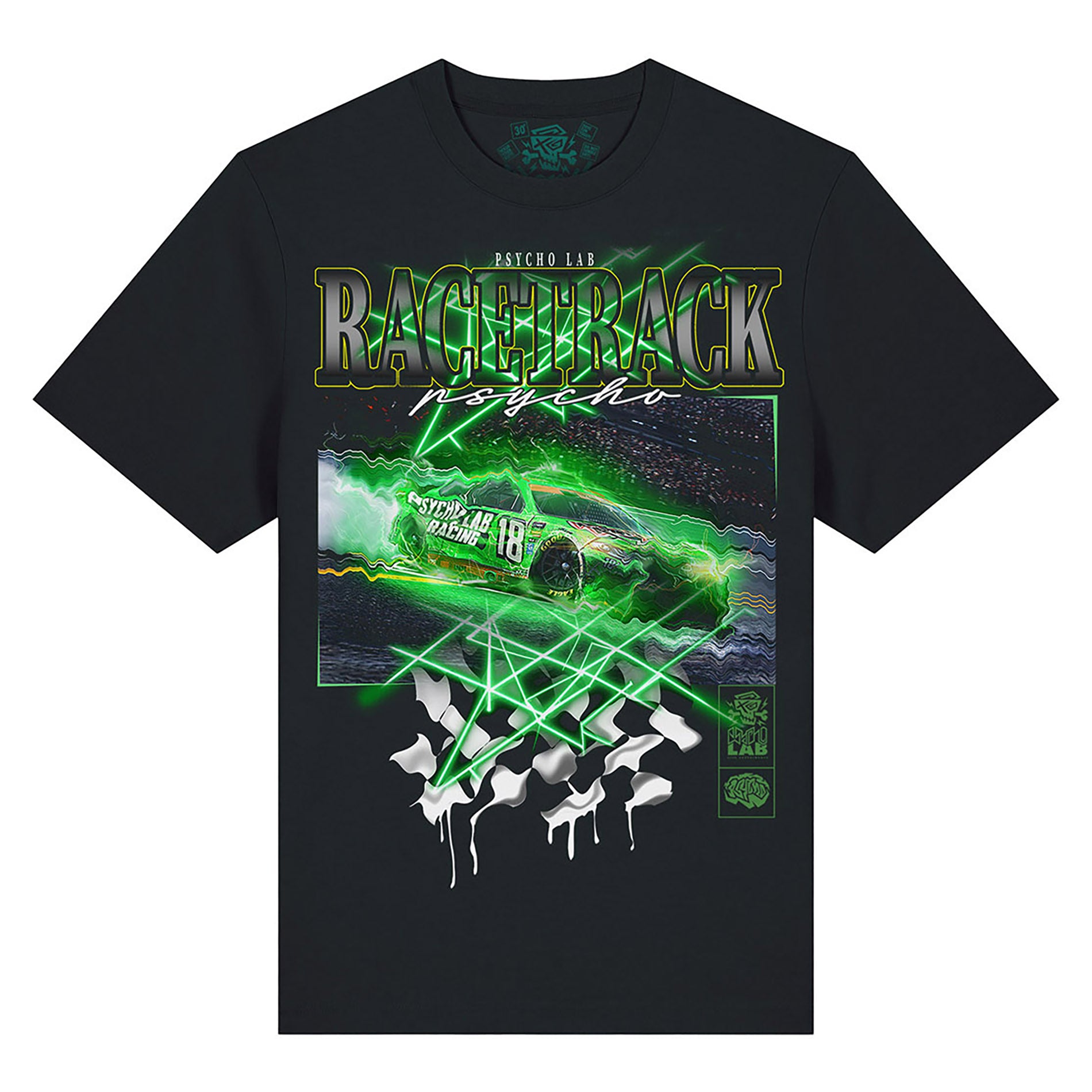 Nahaufnahme des T-Shirts Racetrack von PsychoLab mit einem auffälligen Racing-Design und leuchtenden Farben.