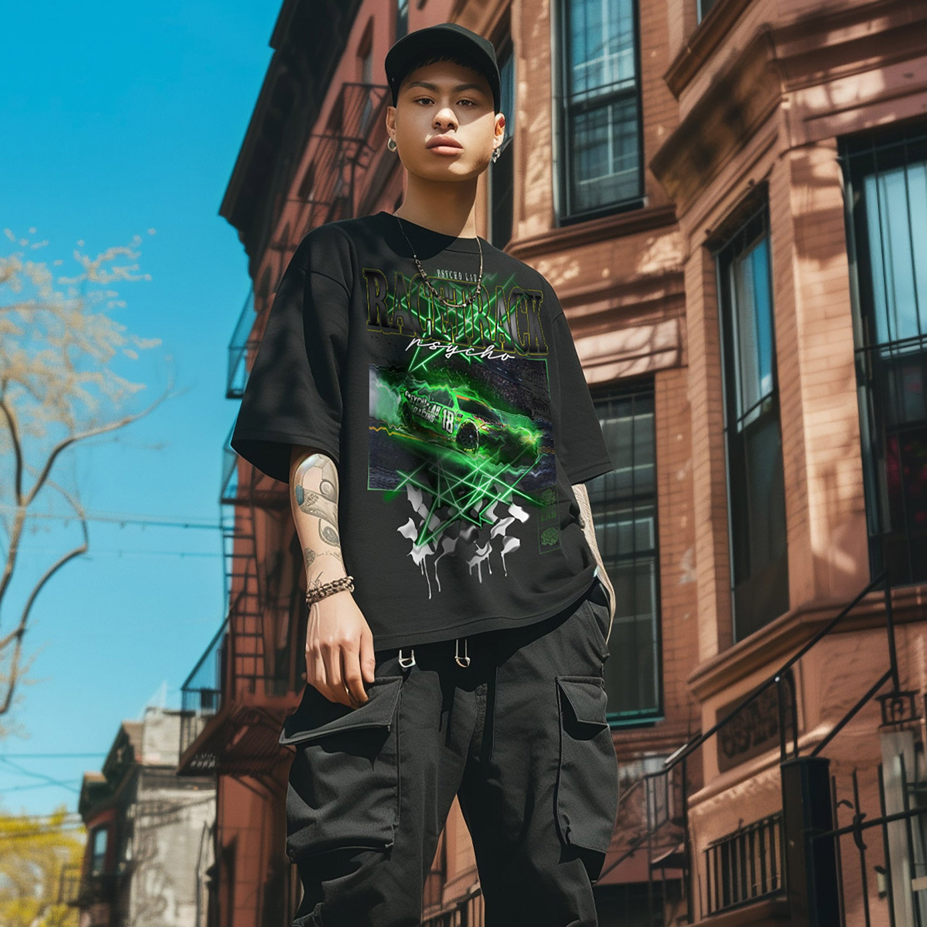 Model, der das T-Shirt Racetrack von PsychoLab trägt, posiert vor einer urbanen Kulisse in Streetwear-Stil.