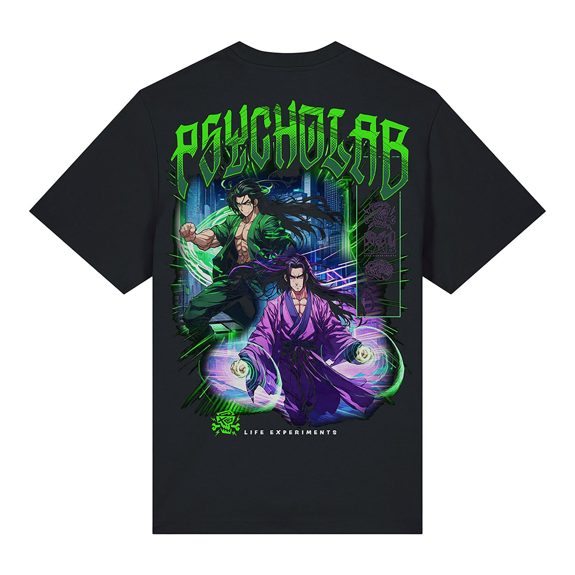 Nahaufnahme des T-Shirts "Legacy" von PsychoLab, das die ikonischen Anime-Designs und lebendigen Farben auf dem Rücken präsentiert. Ein Highlight für jeden, der seinen Style ausdrücken möchte. psycholab