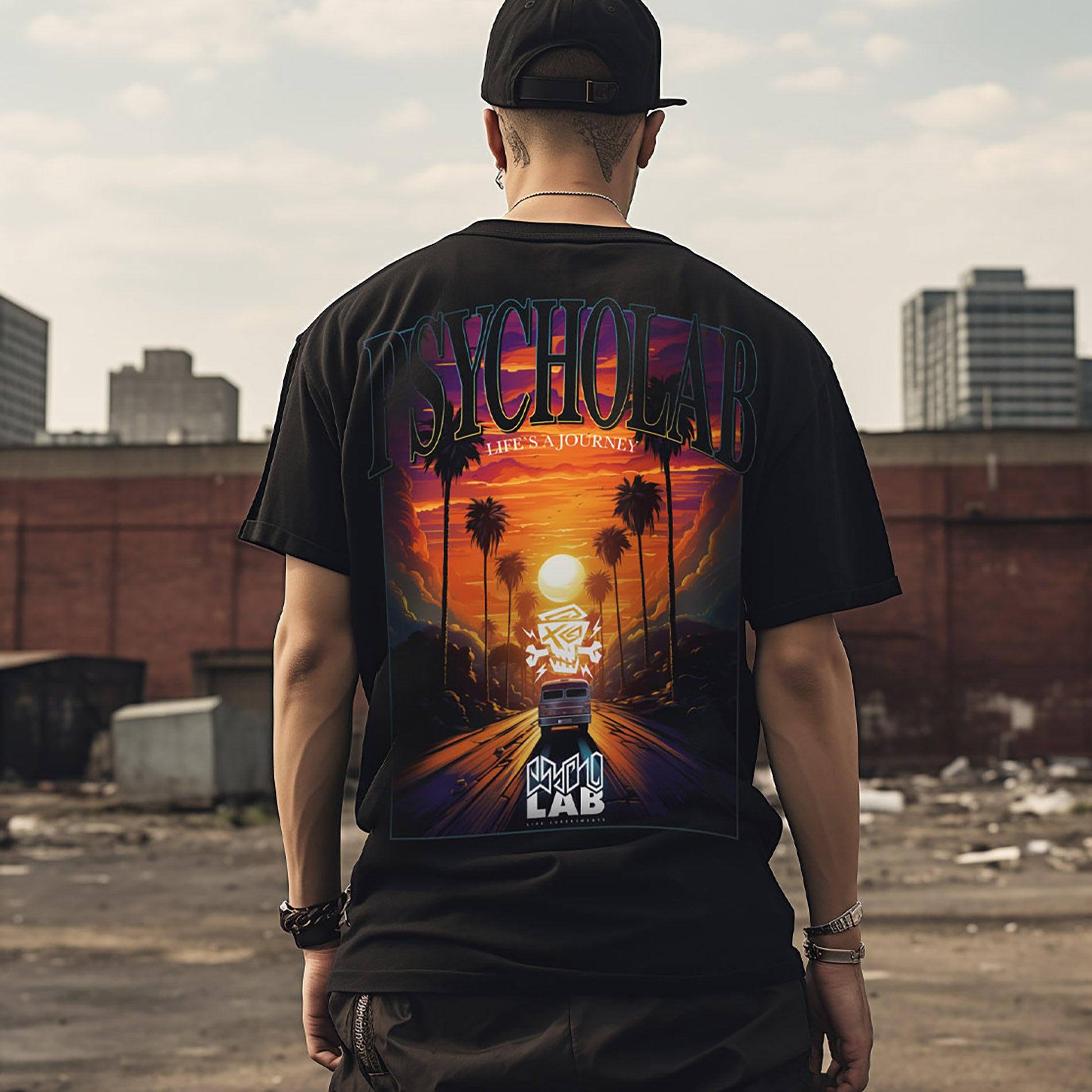 Das T-Shirt Journey von PsychoLab zeigt ein lebhaftes Roadtrip-Design auf der Rückseite, ideal für stylische Looks in urbaner Umgebung.