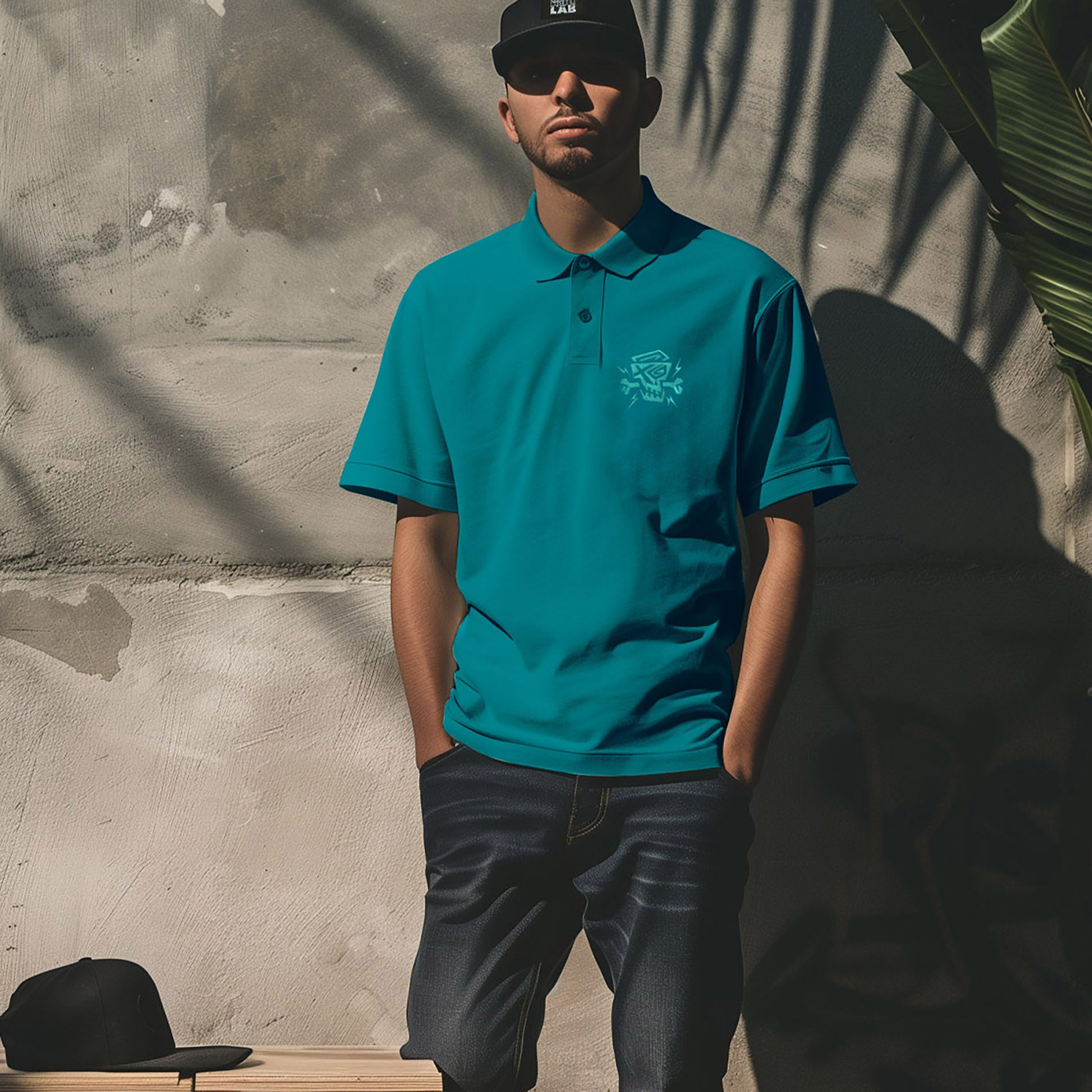 Ein Mann trägt das Polo Shirt Solid Turquoise von PsychoLab, das mit seinem frischen Türkis-Farbton perfekt zu lässigen Streetwear-Looks passt. In einem modernen Umfeld präsentiert, zeigt es die dezente Logo-Stickerei von PsychoLab.