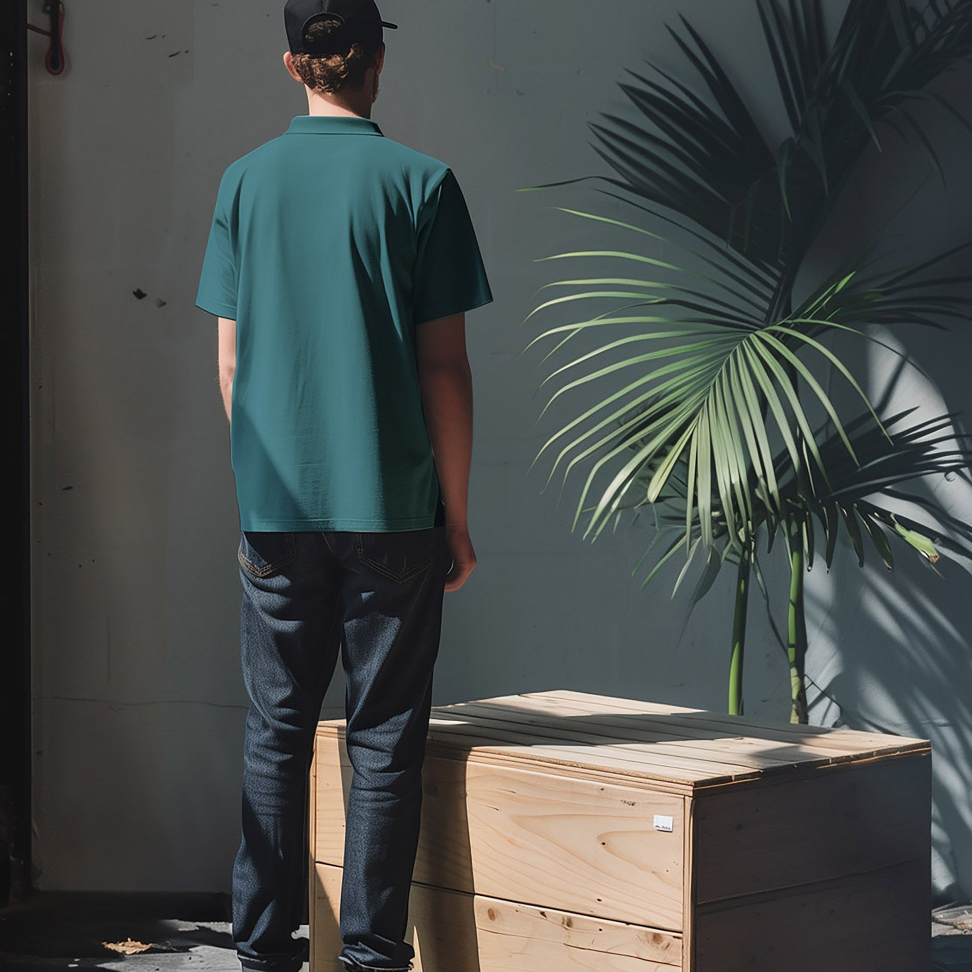 Rückansicht eines Mannes im Polo Shirt Solid Turquoise von PsychoLab. Die nachhaltige Bio-Baumwolle sorgt für einen lässigen Look, ideal für entspannte Tage und Streetwear-Stile.