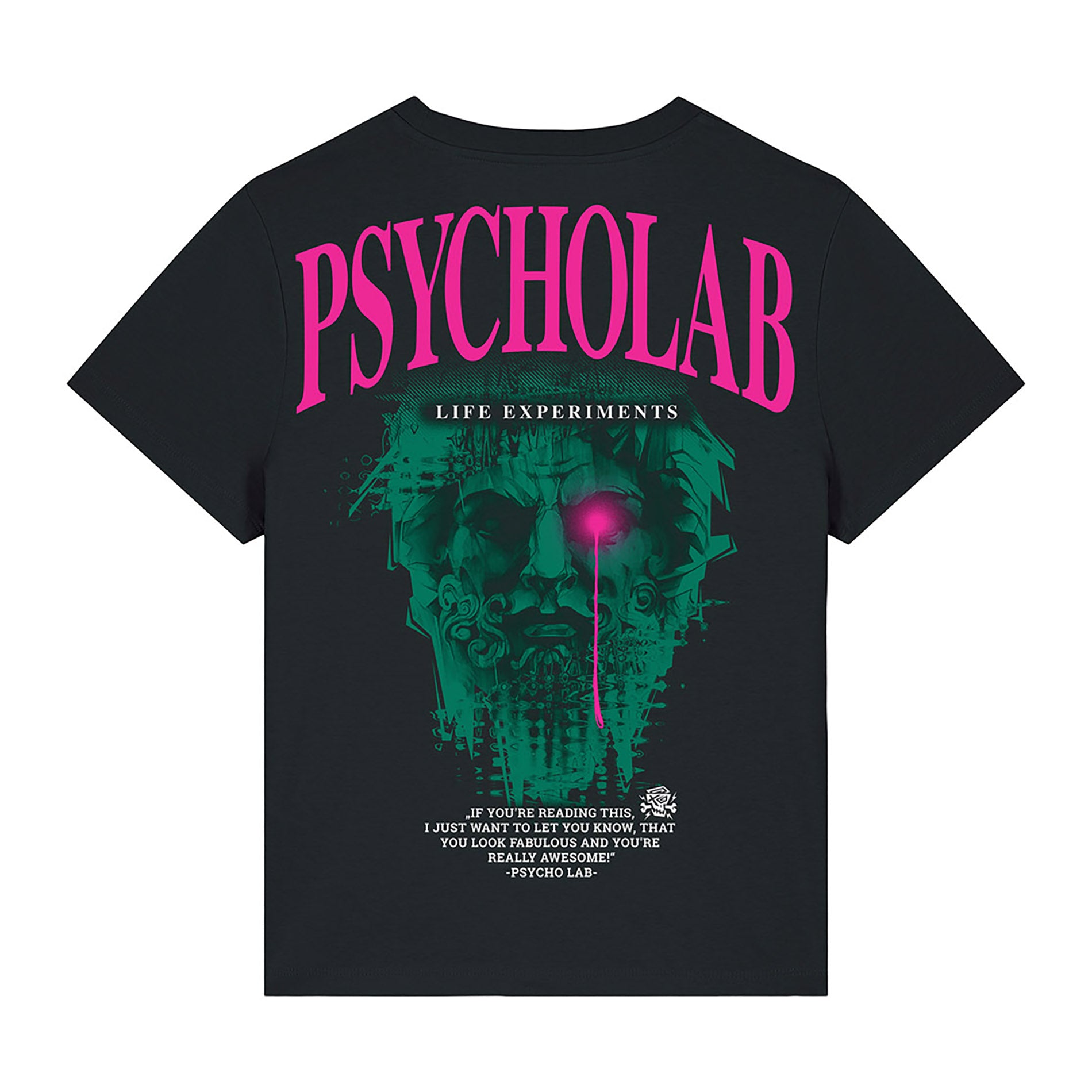 Rückansicht des PsychoLab "Women Shirt Knowledge", zeigt markantes Design mit neonkünstlerischen Grafiken und einem inspirierenden Zitat, perfekt für modebewusste Frauen.