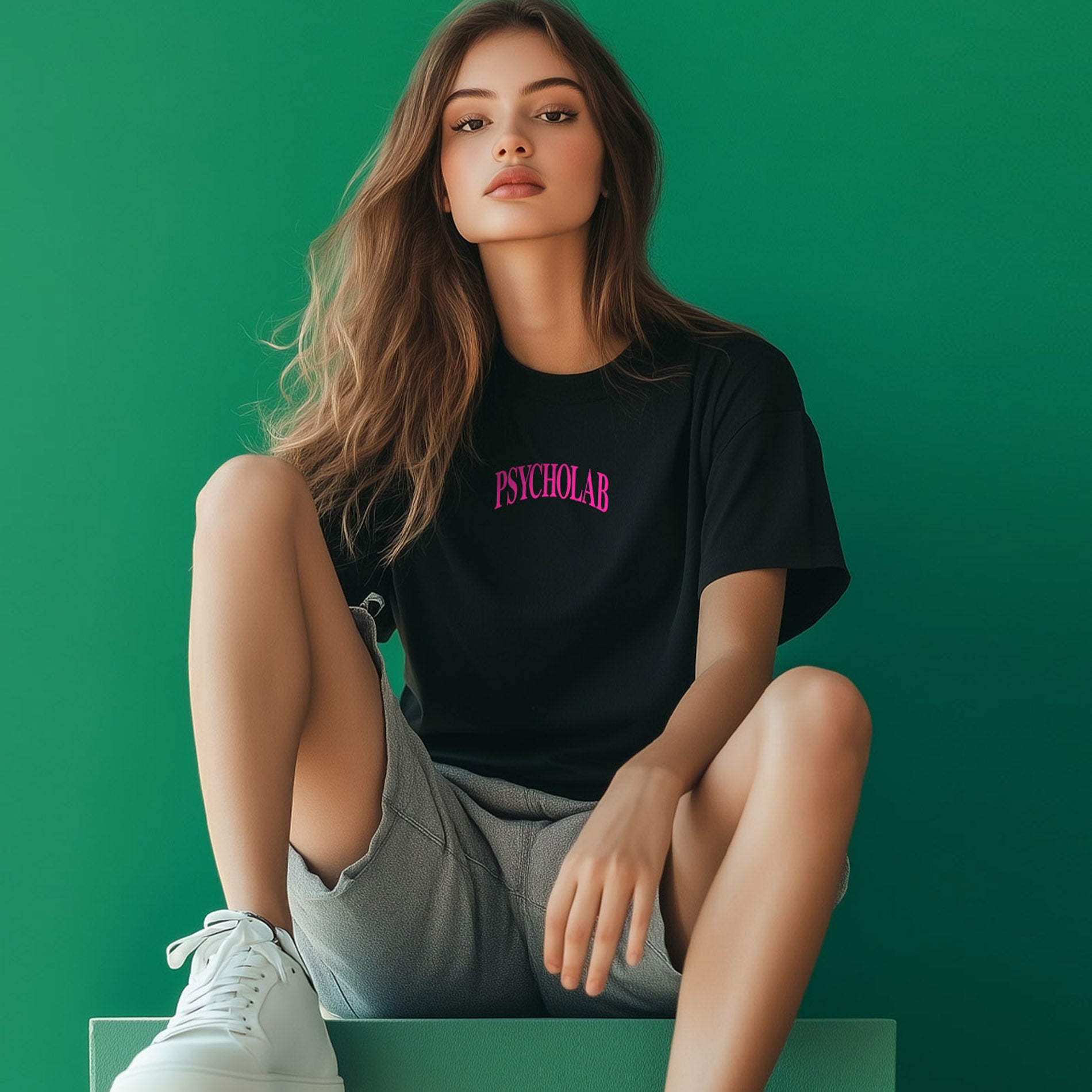 Junge Frau trägt das PsychoLab "Women Shirt Knowledge" mit einem auffälligen PsychoLab-Logo, sitzt lässig auf einer grünen Fläche, ideal für Urban Streetwear und kreative Stile.