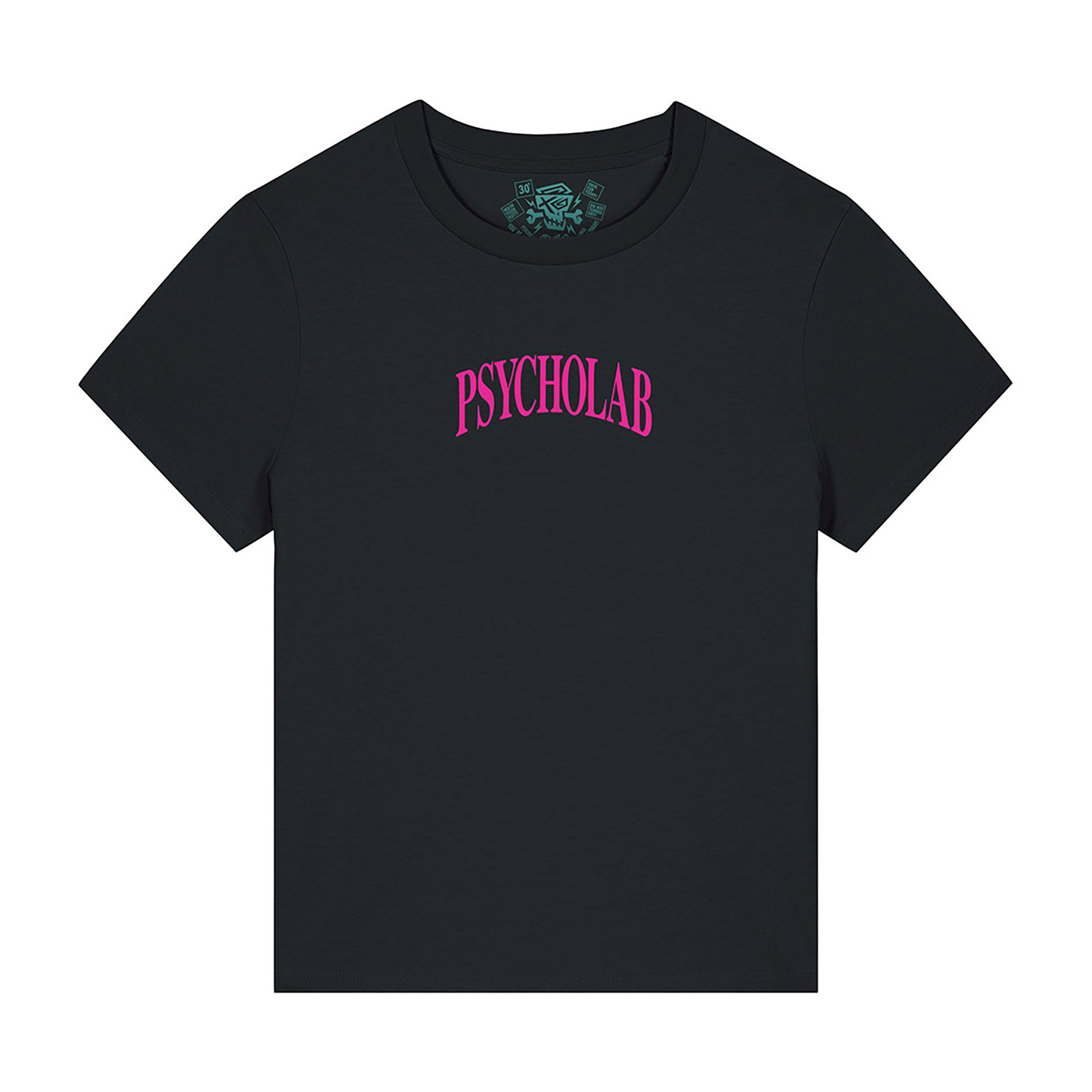 Vorderansicht des PsychoLab "Women Shirt Knowledge" in Schwarz mit PsychoLab-Logo, ideal für Kombinationen mit Jeans oder Shorts.