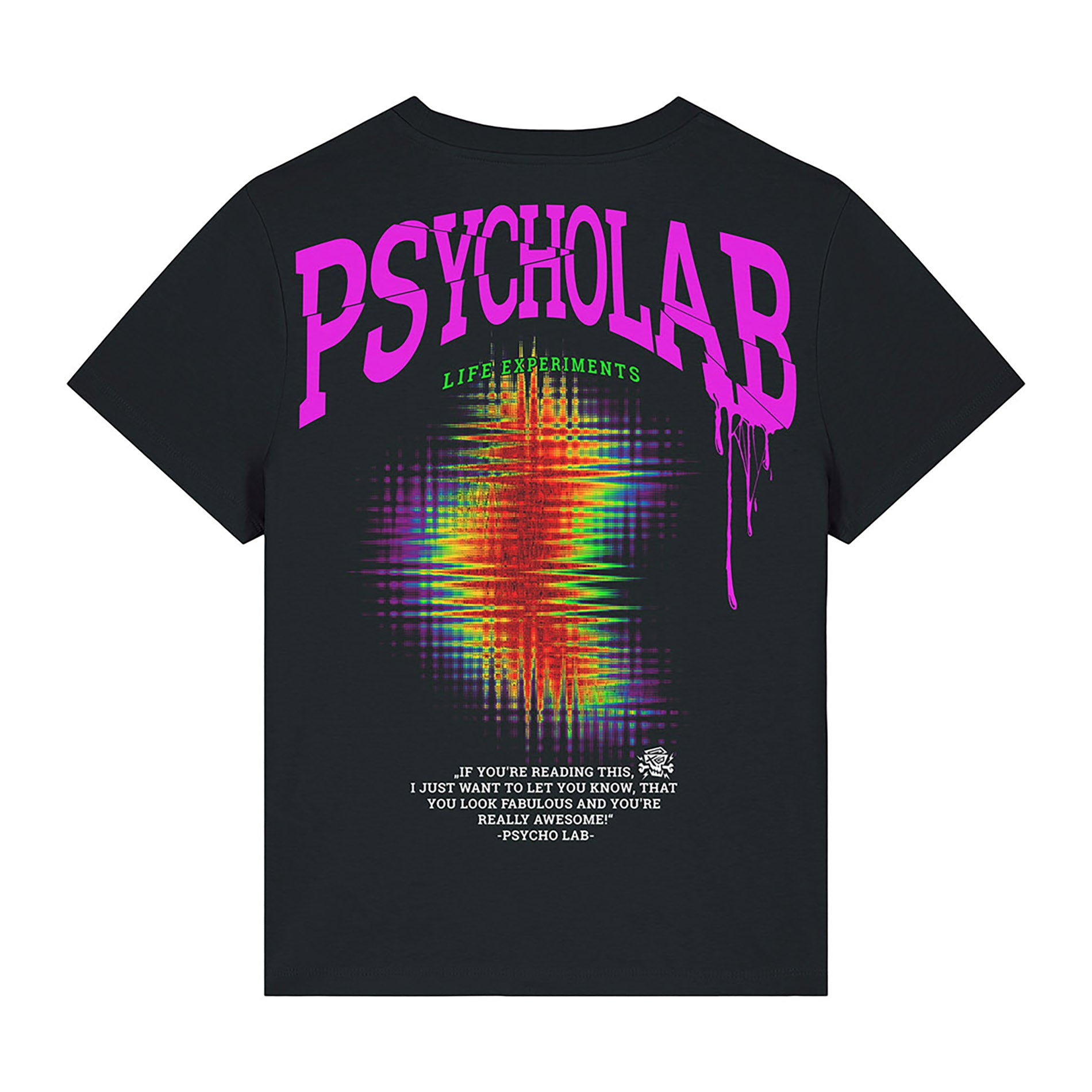 Rückansicht des PsychoLab Women Shirt Zone zeigt das markante Branding und die Regenbogen-Glitch-Grafik, perfekt für modebewusste Frauen. psycholab