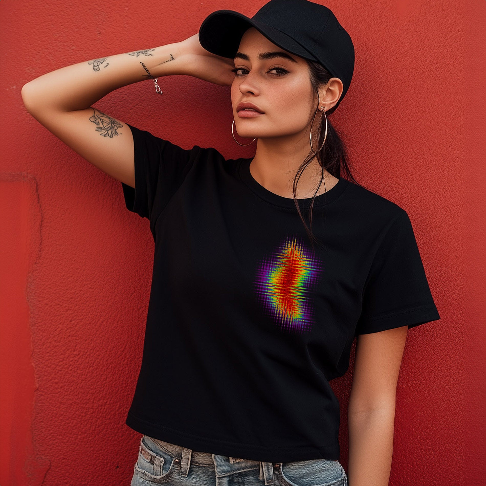 Frau trägt das PsychoLab Women Shirt Zone mit auffälliger Regenbogen-Glitch-Grafik auf schwarzem Hintergrund, ideal für Streetwear-Looks. psycholab