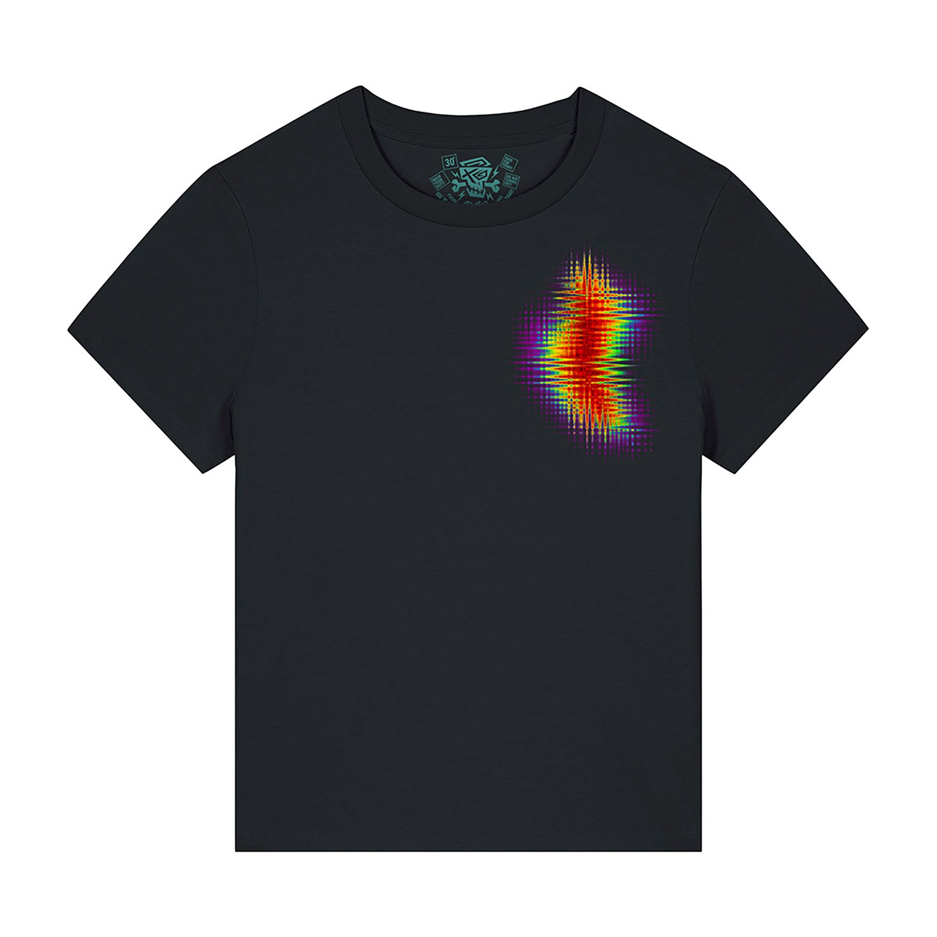 Nahaufnahme des Vorderteils des PsychoLab Women Shirt Zone, das einzigartiges Design mit Regenbogen-Glitch-Grafik präsentiert, ideal für kreative Outfits. psycholab