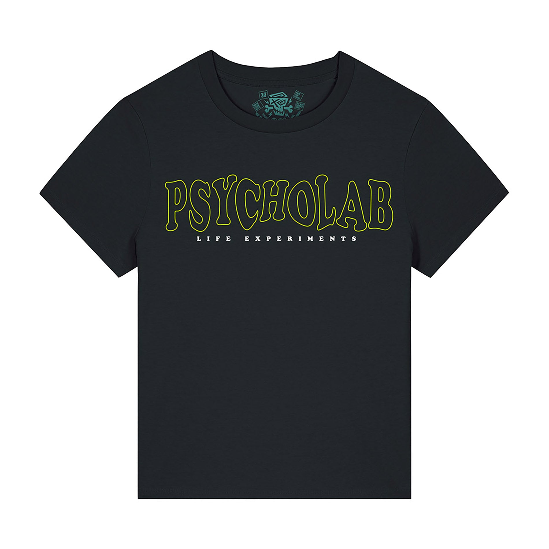 Vorderansicht des Women Shirt Anamorphic von PsychoLab, präsentiert das auffällige PsychoLab-Logo in grünem Schriftzug.