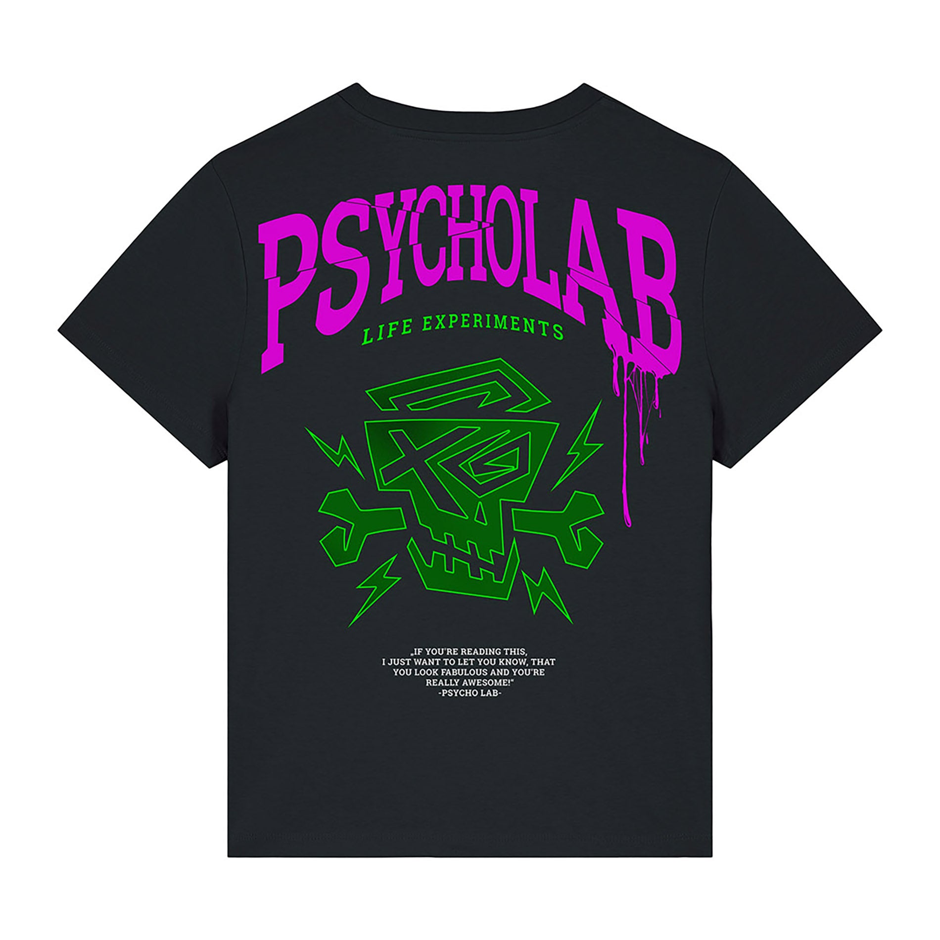 Rückansicht des Women Shirt Experiments von PsychoLab, zeigt den auffälligen "Life Experiments"-Druck in lebhaften Farben, perfekt für individuelle Styles.