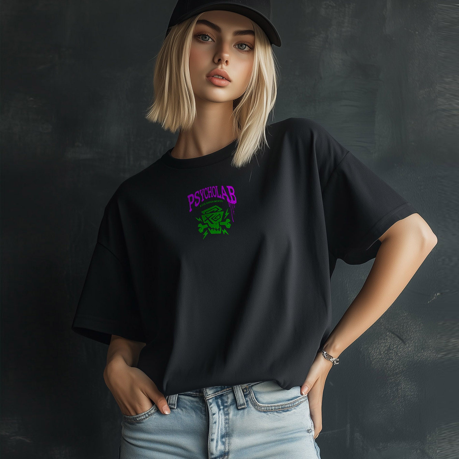 Frau trägt das Women Shirt Experiments von PsychoLab in Schwarz, mit farbiger PsychoLab-Grafik auf der Vorderseite, ideal für Streetwear und rebellische Looks.