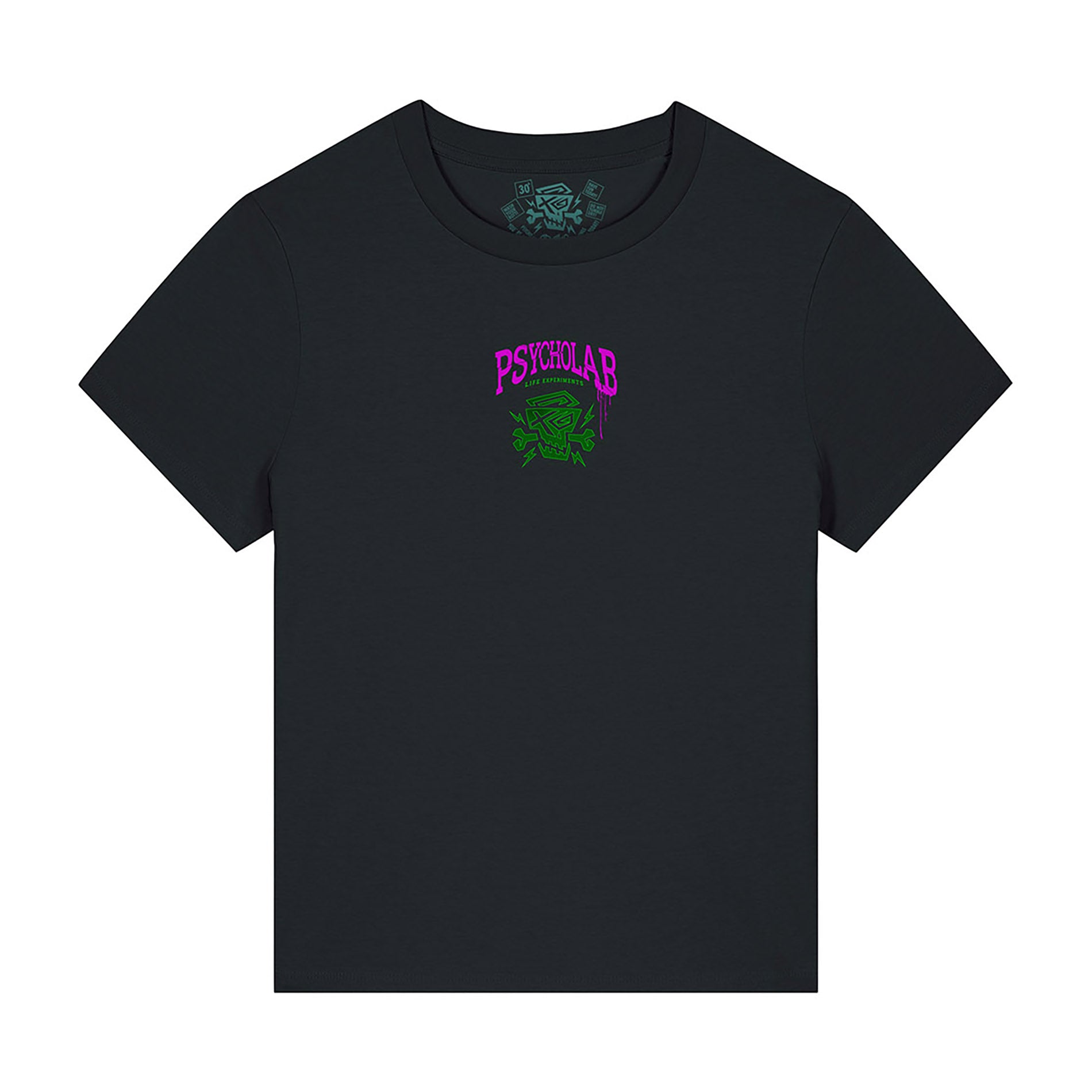 Nahaufnahme des Women Shirt Experiments von PsychoLab, präsentiert das coole Frontdesign mit grüner PsychoLab-Grafik auf schwarzem Stoff.