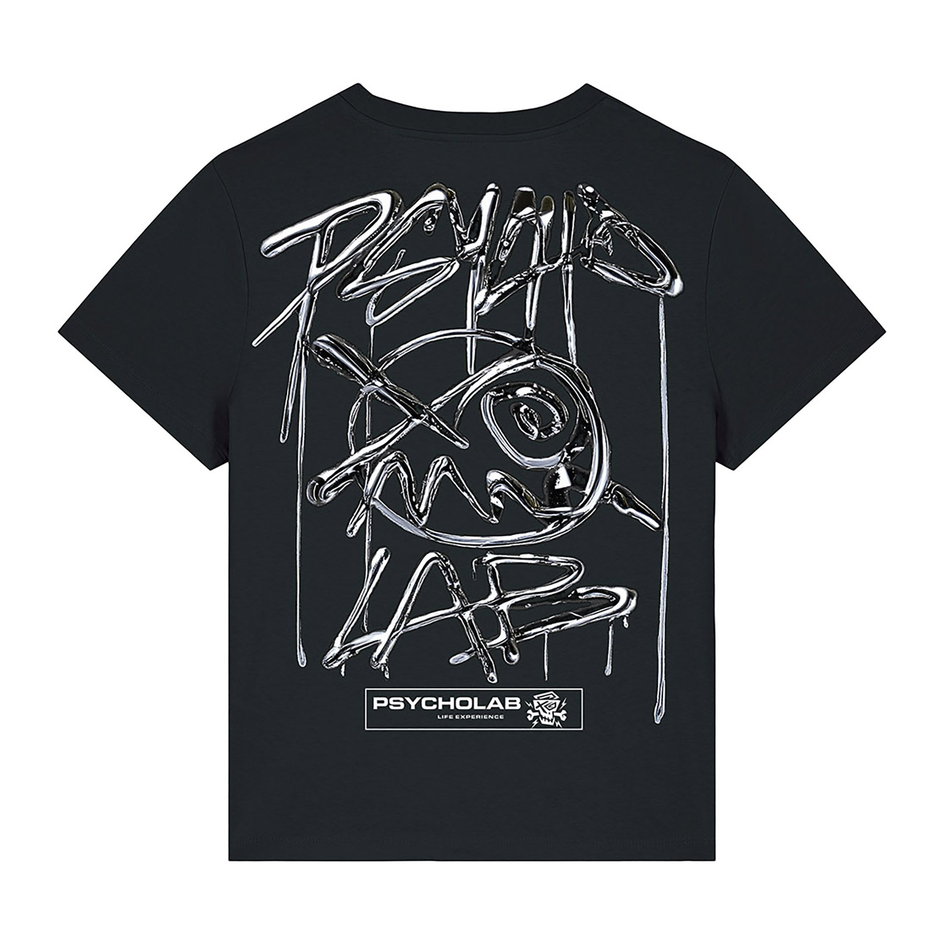 Rückansicht des Women Shirt Chrome von PsychoLab mit markantem Chrome-Effekt und kreativem Design, ideal für einen urbanen Look.