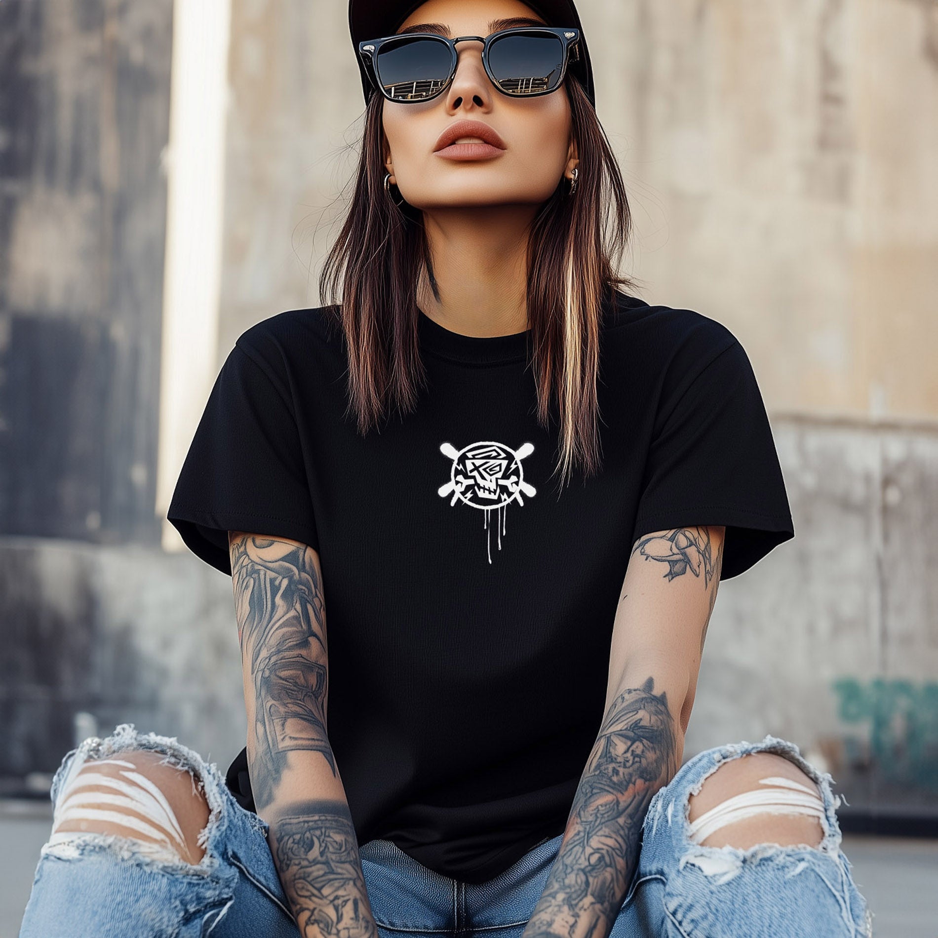 Stylisches Model trägt das Women Shirt Chrome von PsychoLab, präsentiert mit lässigen Sonnenbrillen und urbanem Outfit, perfekt für Streetwear-Liebhaber.