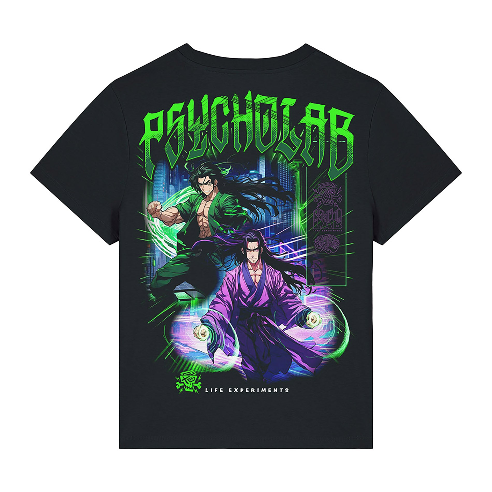Detailansicht der Rückseite des PsychoLab Women Shirt Legacy, zeigt beeindruckende Anime-Illustrationen von Charakteren, ideal für alle, die ihren urbanen Stil ausdrücken möchten.