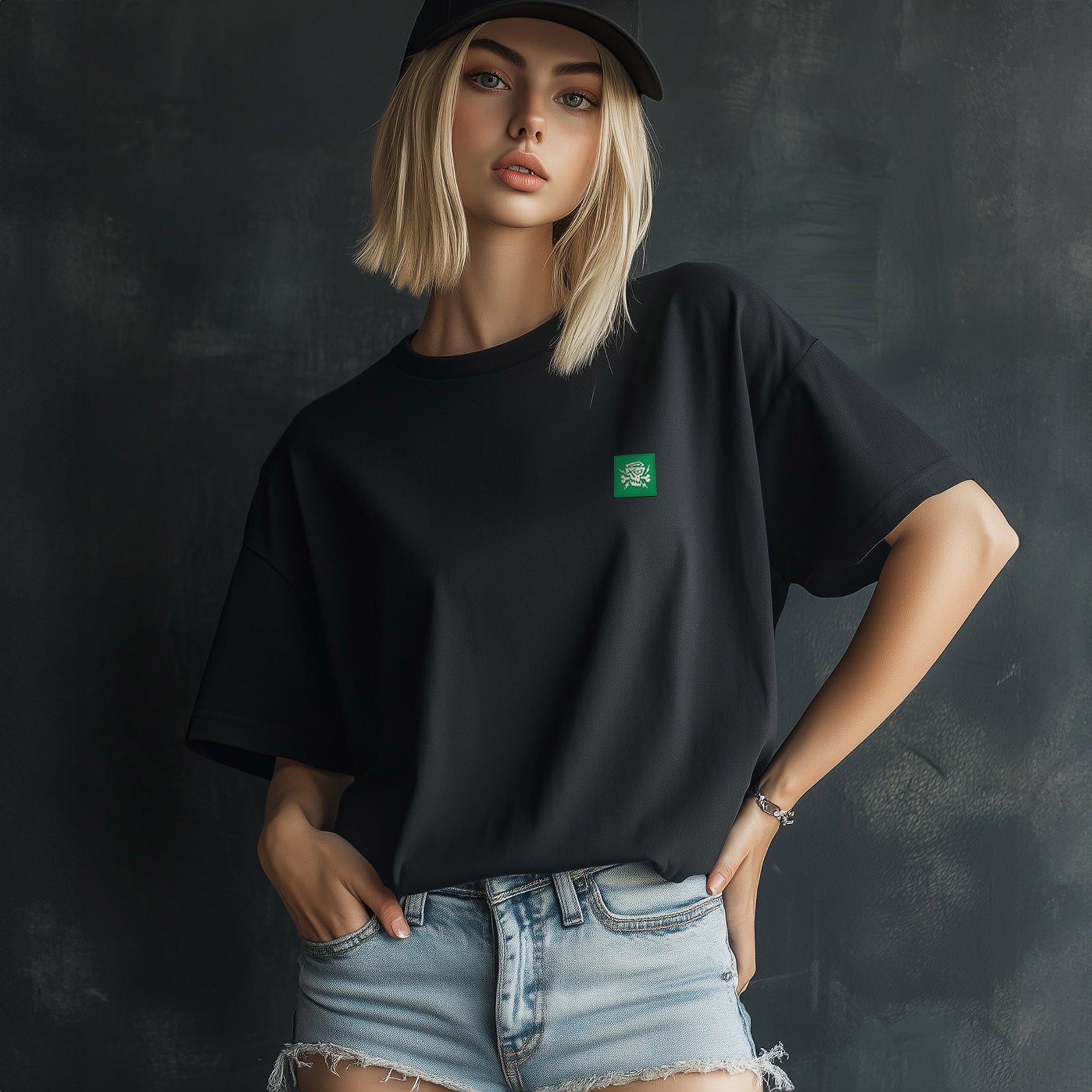 Stylisches PsychoLab Women Shirt Legacy in Schwarz, getragen von einer modelartigen Frau mit kurzen Haaren und einer Kappe, perfekt für Streetwear-Enthusiasten und Anime-Fans.