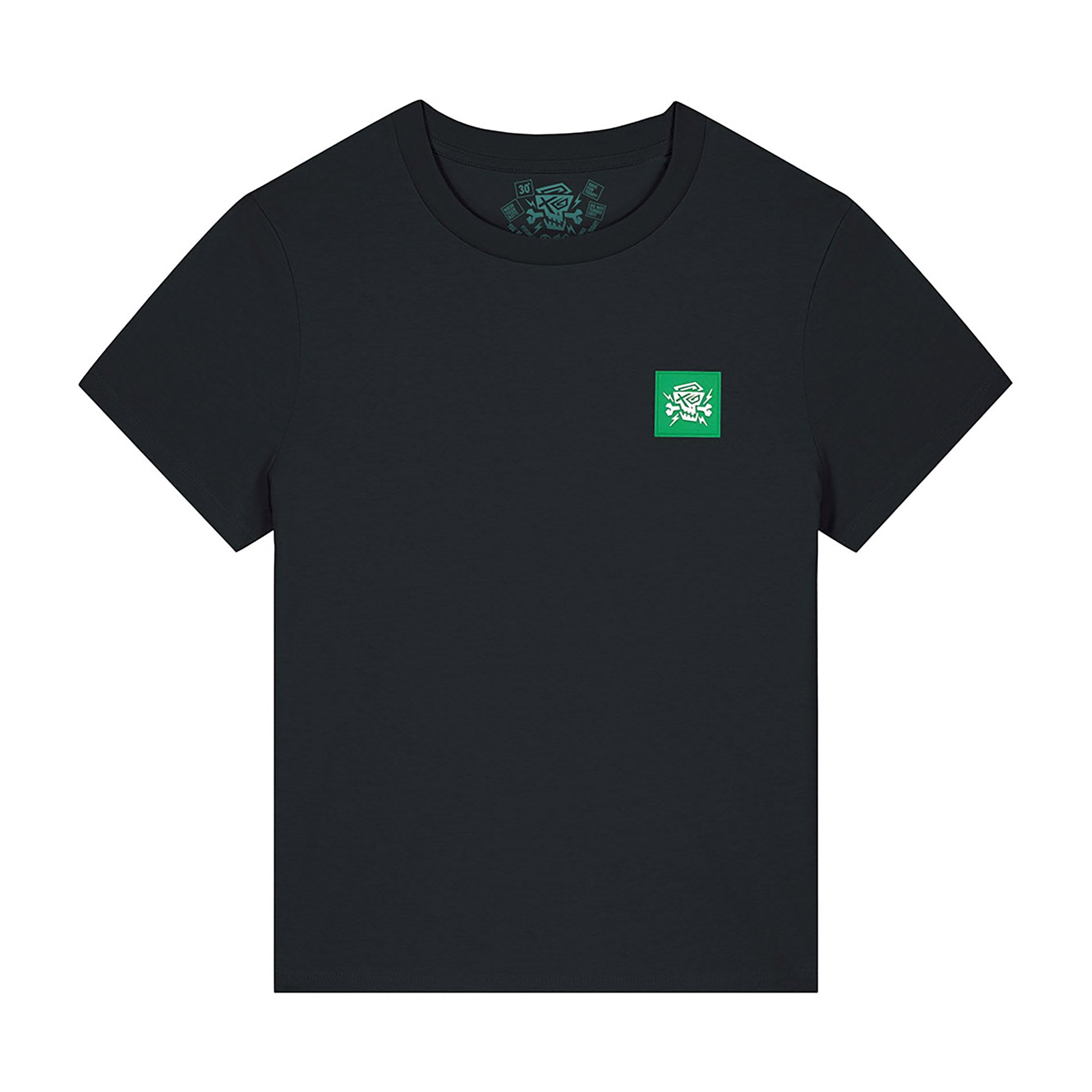 Vorderansicht des PsychoLab Women Shirt Legacy in Schwarz, mit kleinem, grünem Logo, ideal für eine lässige Kombination in der Streetwear-Kultur.