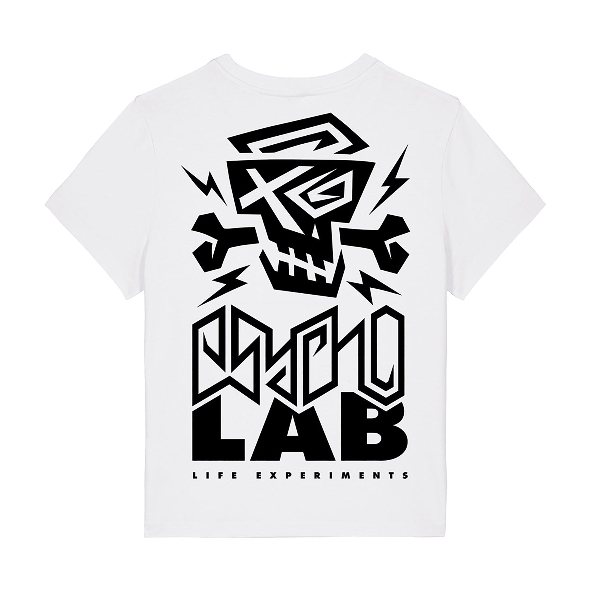 Rückansicht des Women Shirt Logo White von PsychoLab. Das auffällige Shirt zeigt das große PsychoLab-Schädel-Logo zusammen mit dem Labelnamen und strahlt coole Streetwear-Vibes aus. Perfekt für jeden Anlass und modebewusste Frauen.