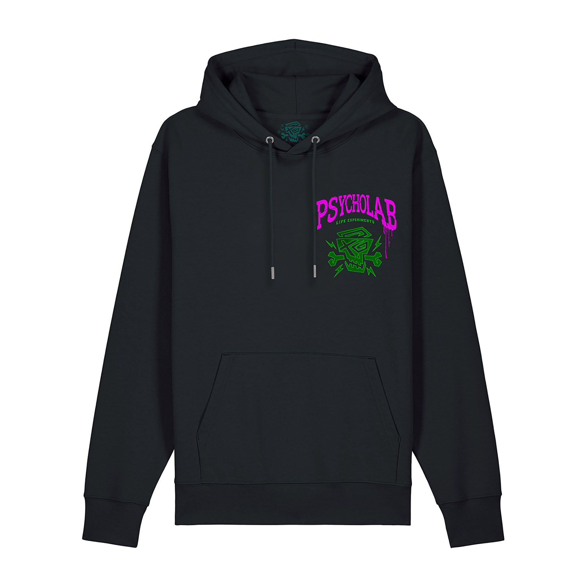 Schwarzer Hoodie mit PsychoLab-Schriftzug und grünem Totenkopf-Design