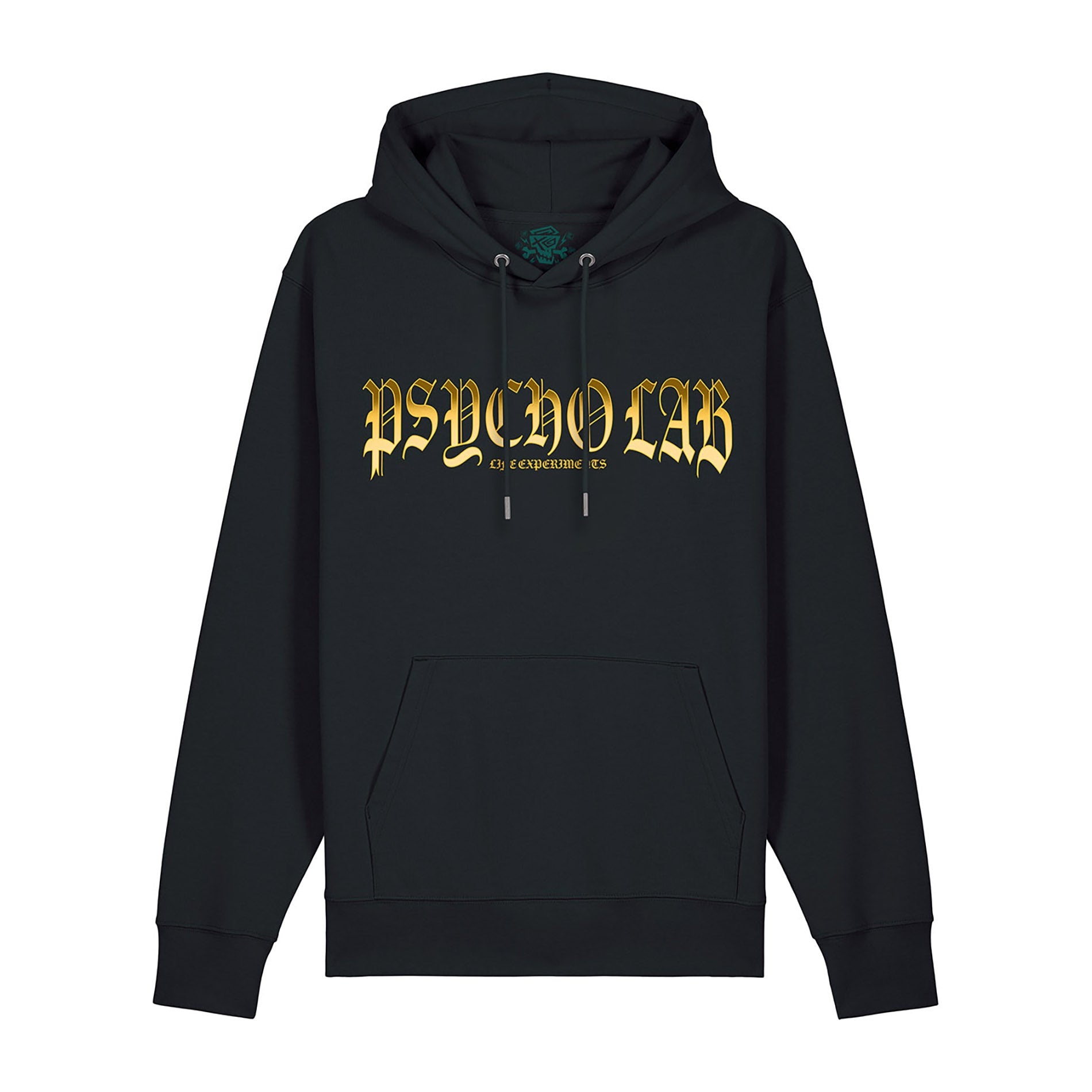Vorderansicht des Hoodie Galaxy von PsychoLab, mit goldener Schrift und klassischem Schnitt für trendy Streetwear.