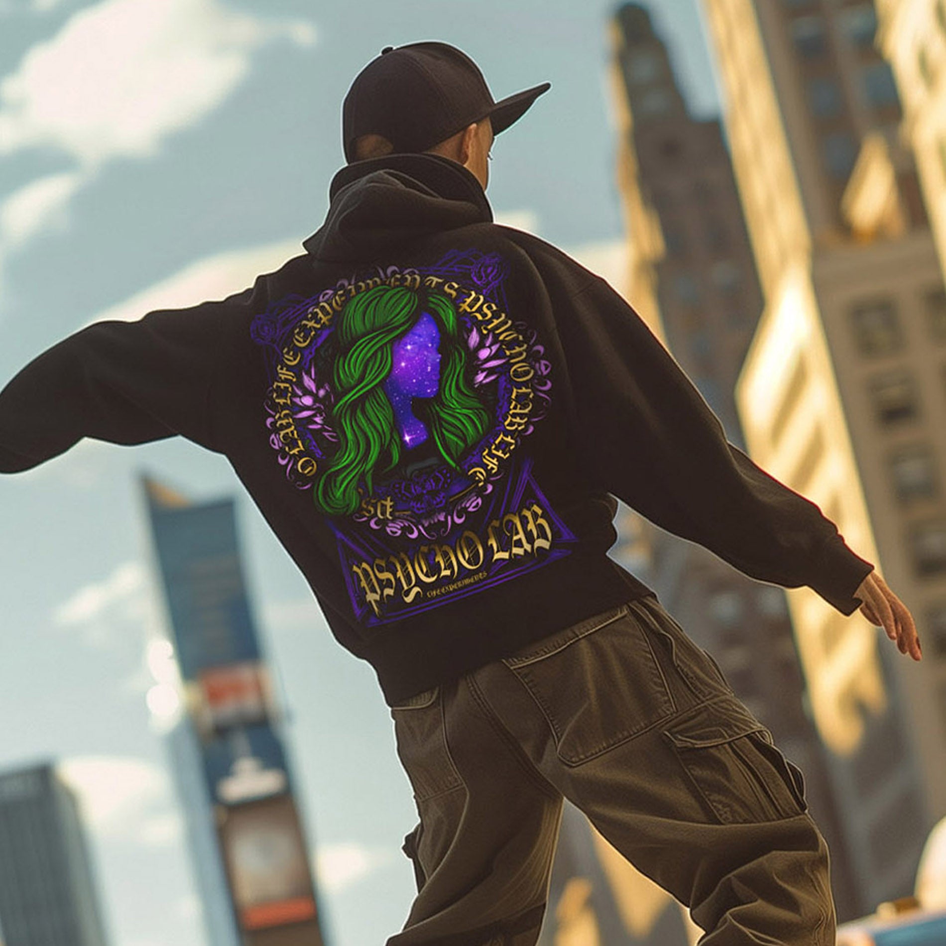 Stylischer Hoodie Galaxy von PsychoLab, präsentiert von einem Model in urbaner Umgebung mit auffälligem Grafikdesign auf der Rückseite.