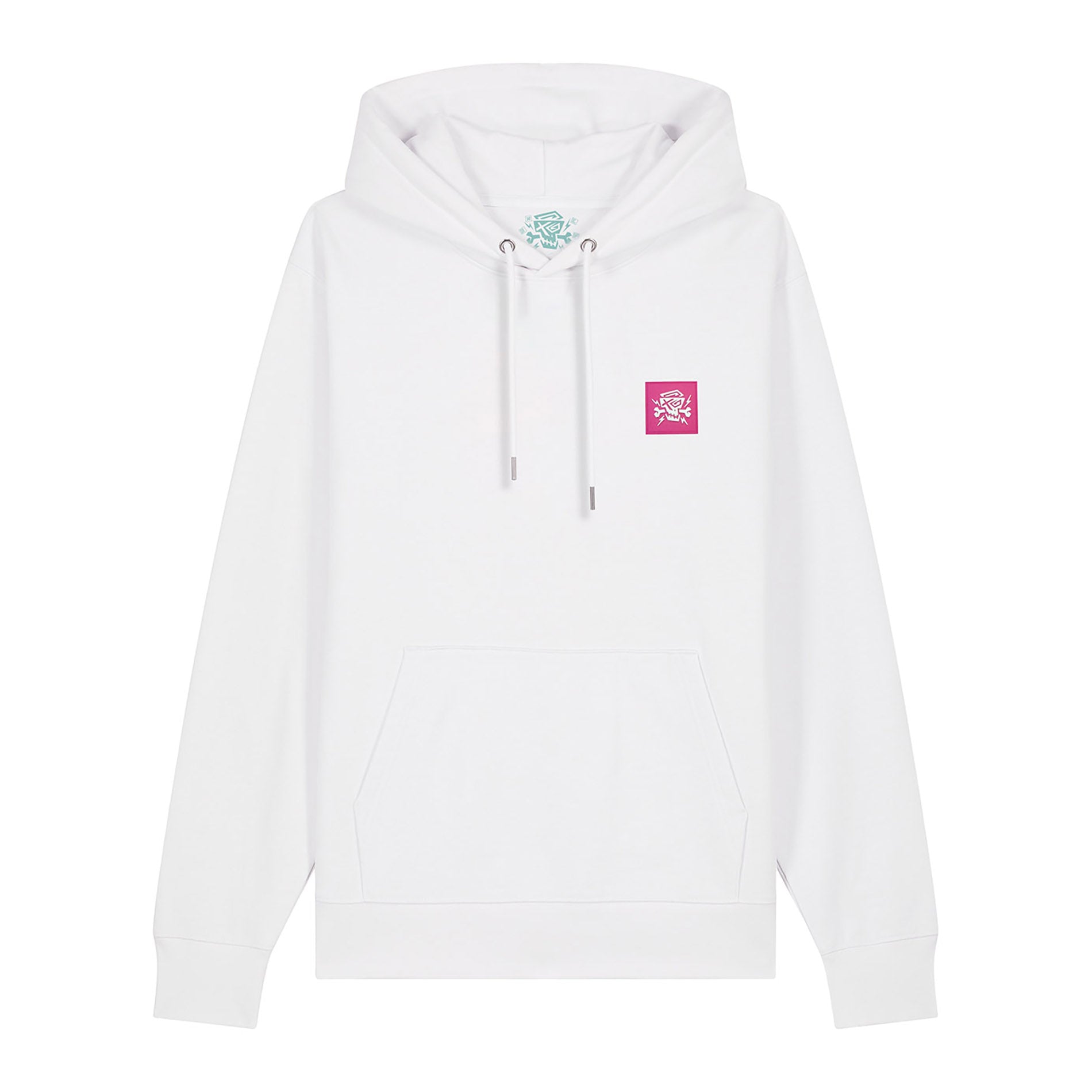 Weißer Hoodie "Emotions" von PsychoLab mit auffälligem Logo-Patch auf der Vorderseite, ideal für Streetwear-Fans.