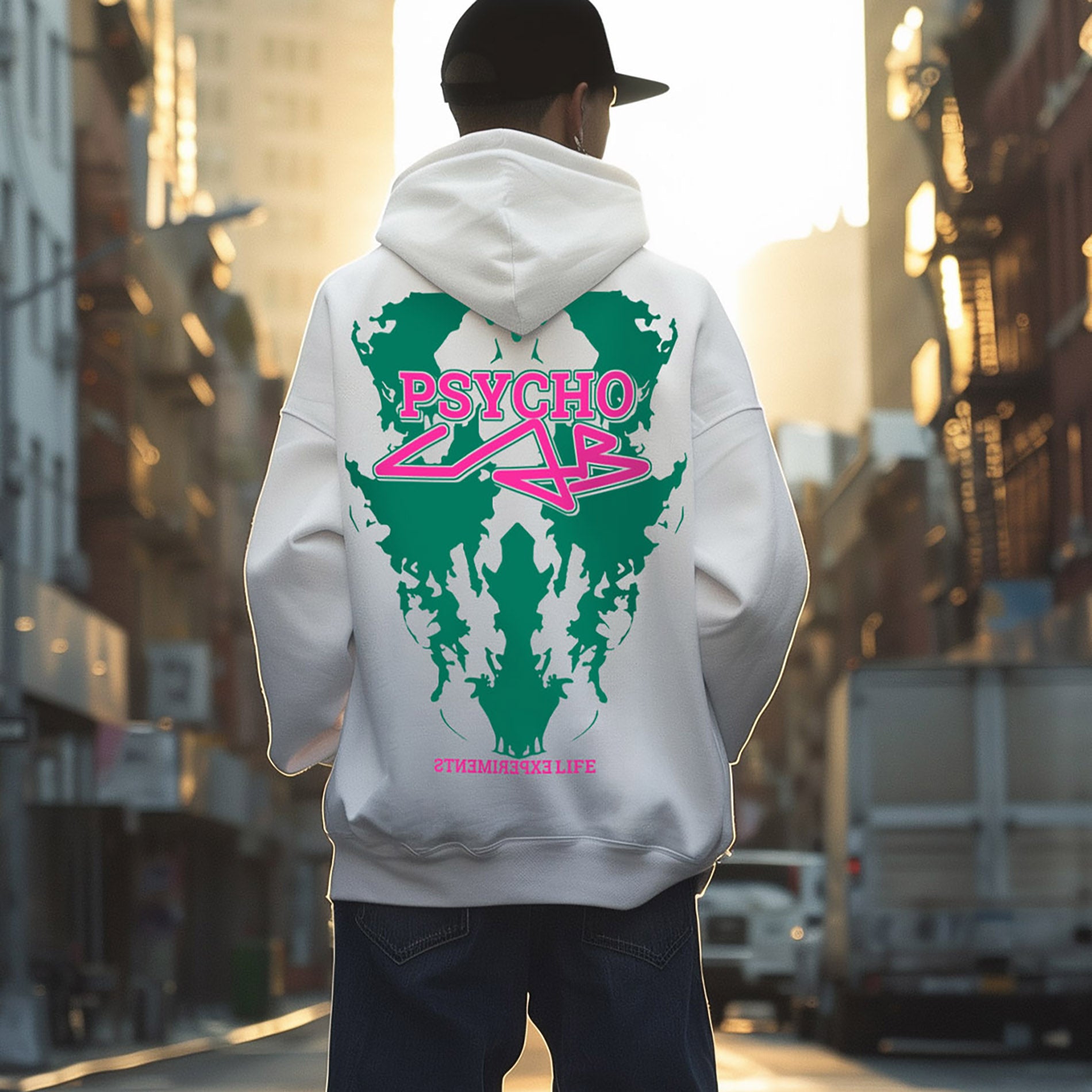 Junger Mann trägt den Hoodie Emotions von PsychoLab mit auffälligem Grafikdruck auf der Rückseite in Grün und Pink, während er durch eine urbanen Umgebung läuft.