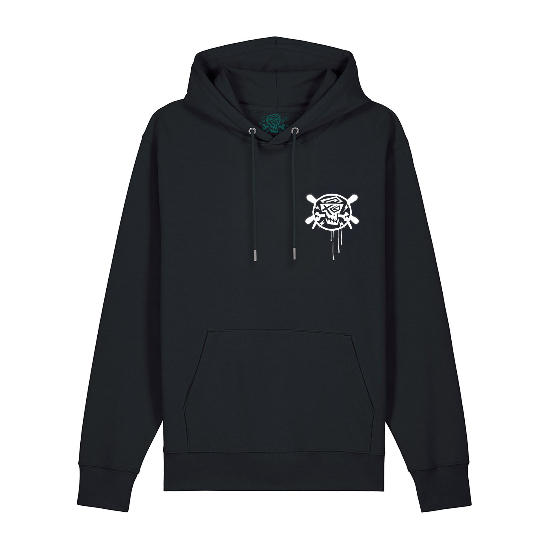 Vorderansicht des Hoodie Chrome Black von PsychoLab mit einem subtilen PsychoLab-Patch auf der Brust. Bequeme und stylische Streetwear für jeden Anlass.