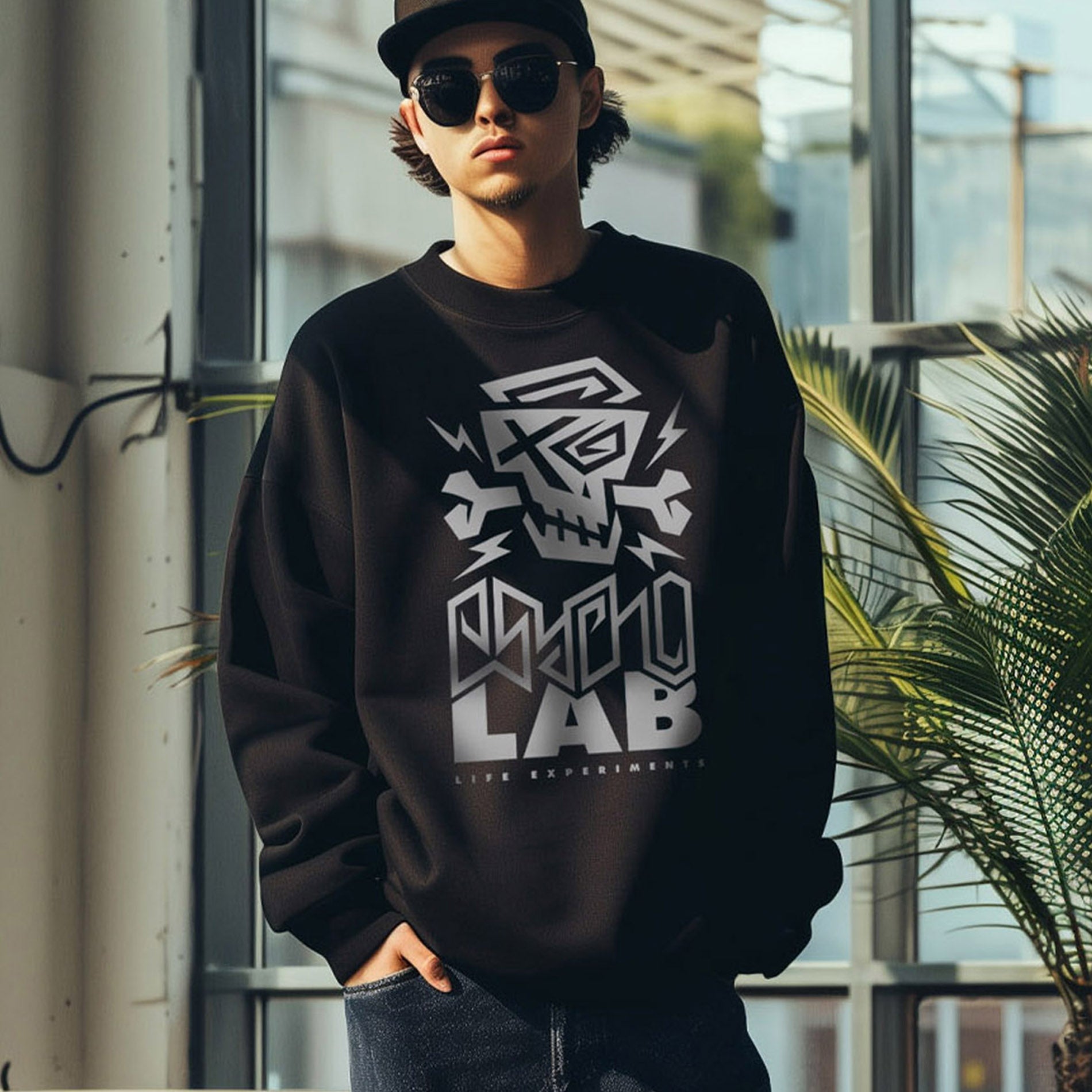 Modisches Sweatshirt Logo Black von PsychoLab, präsentiert von einem Model in einem urbanen Umfeld, ideal für Streetwear-Liebhaber.